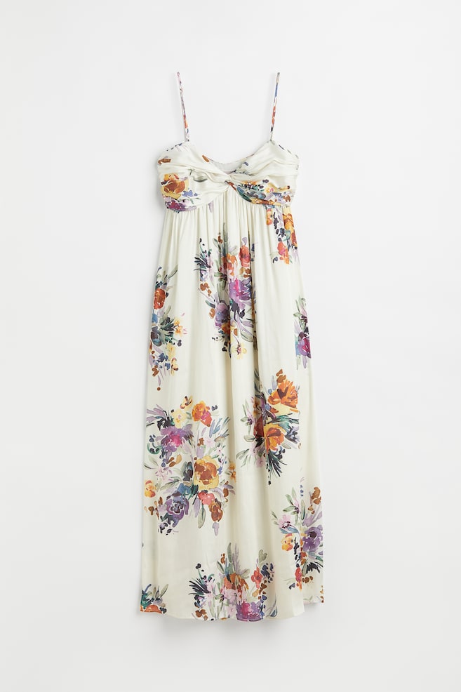 Long satin dress - White/Floral/Dark purple