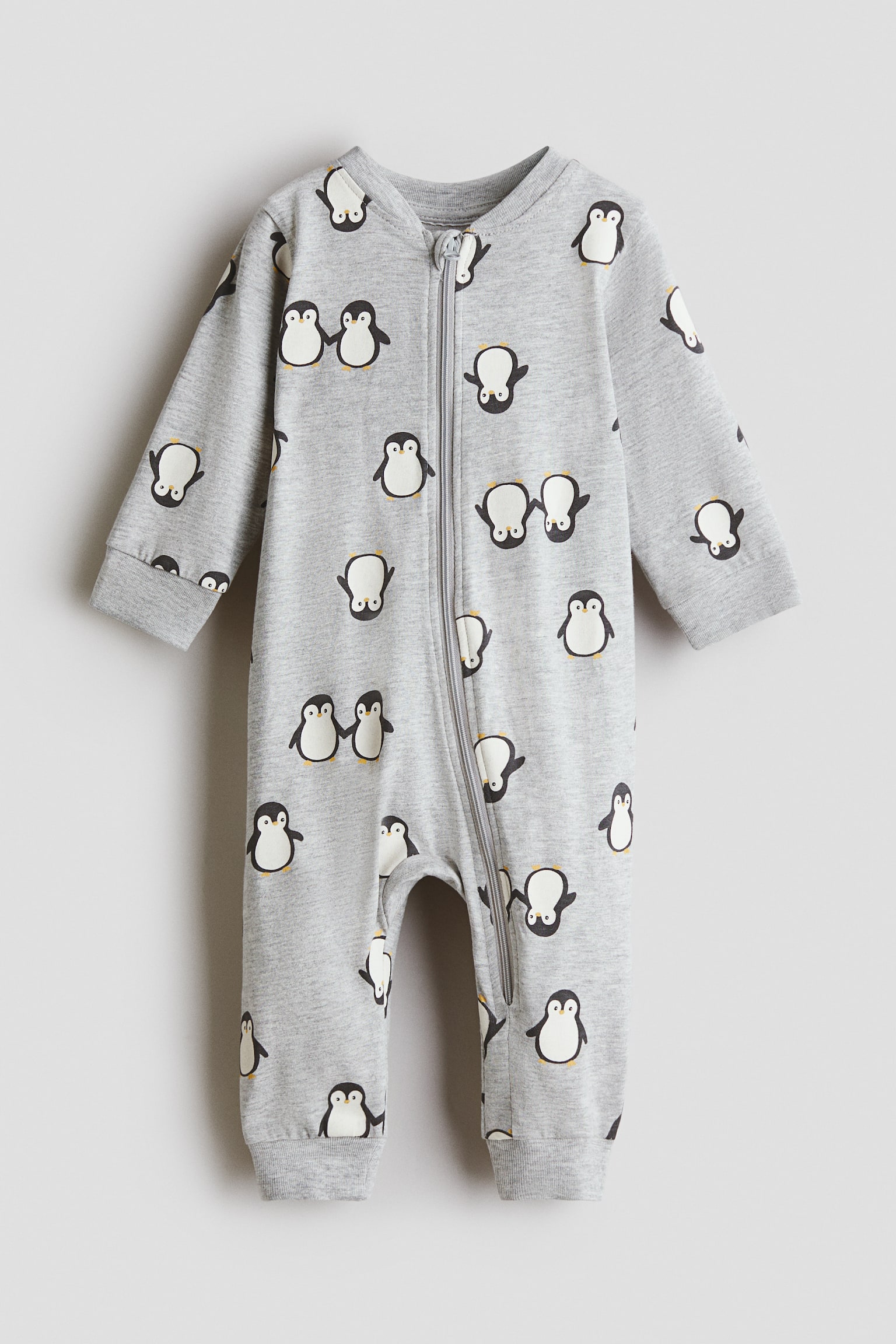 Printed cotton sleepsuit - Light grey/Penguins/Light dusty blue/Dinosaurs