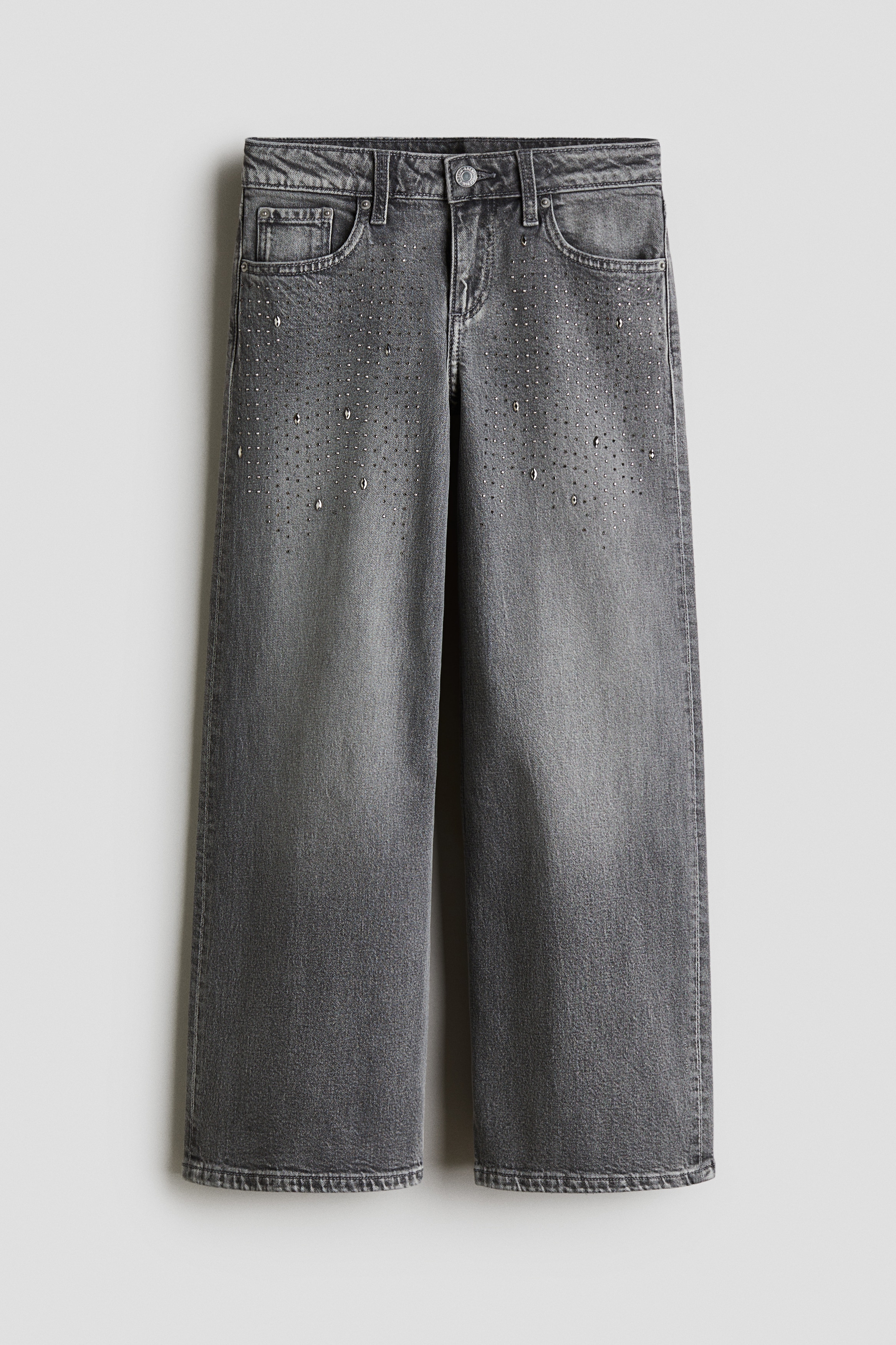 Relaxed Wide Leg Jeans - Light grey/Rhinestones/Light denim blue