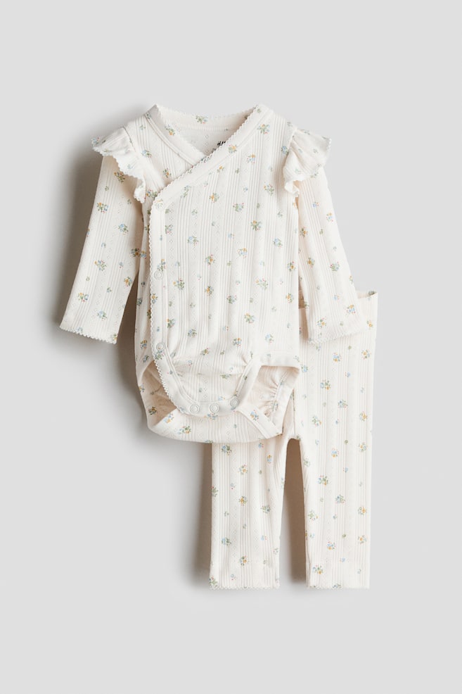 Ensemble 2 pièces en pointelle de coton - Crème/fleuri - 1