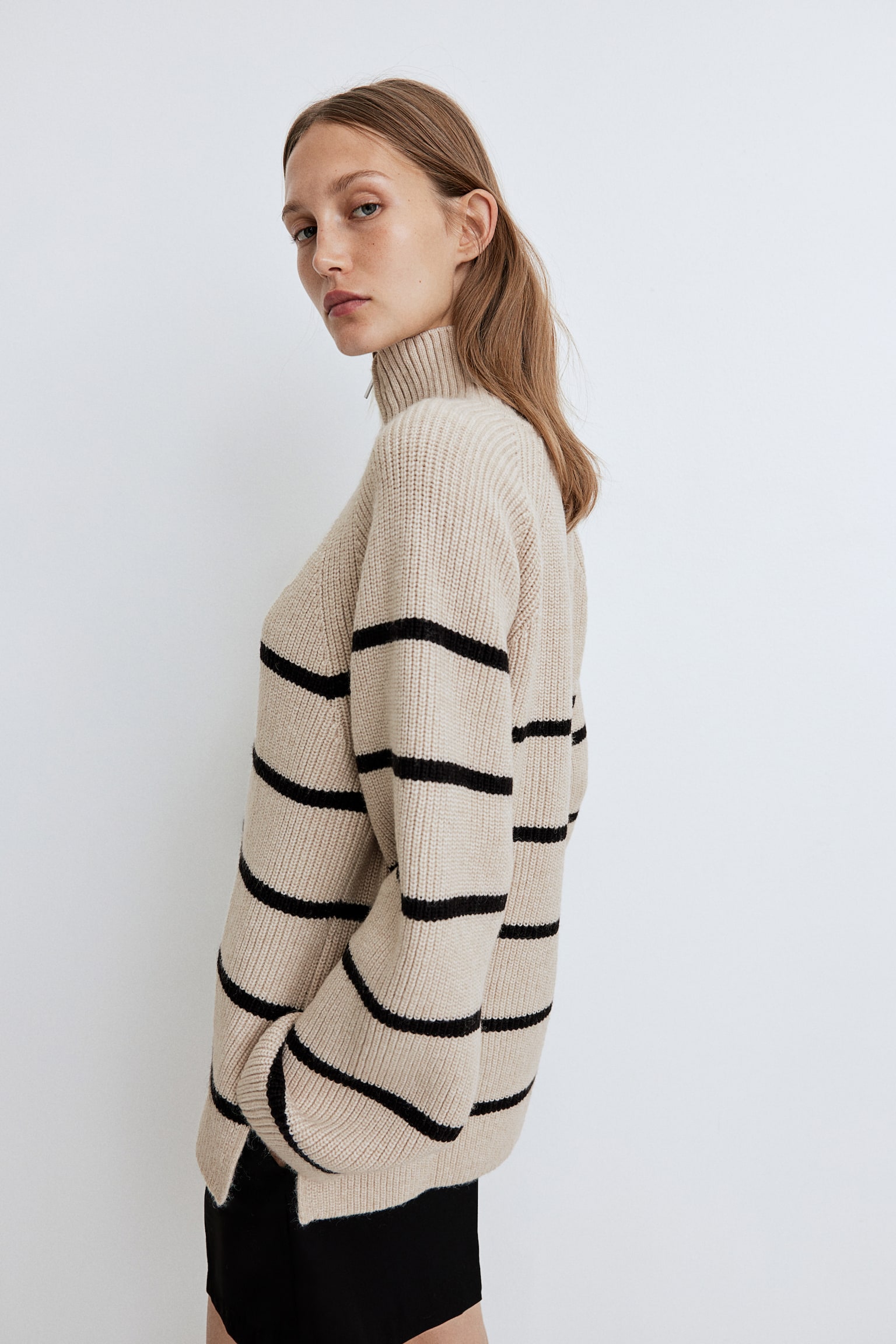 Zip-top rib-knit jumper - Light beige/Striped/Cream - 3