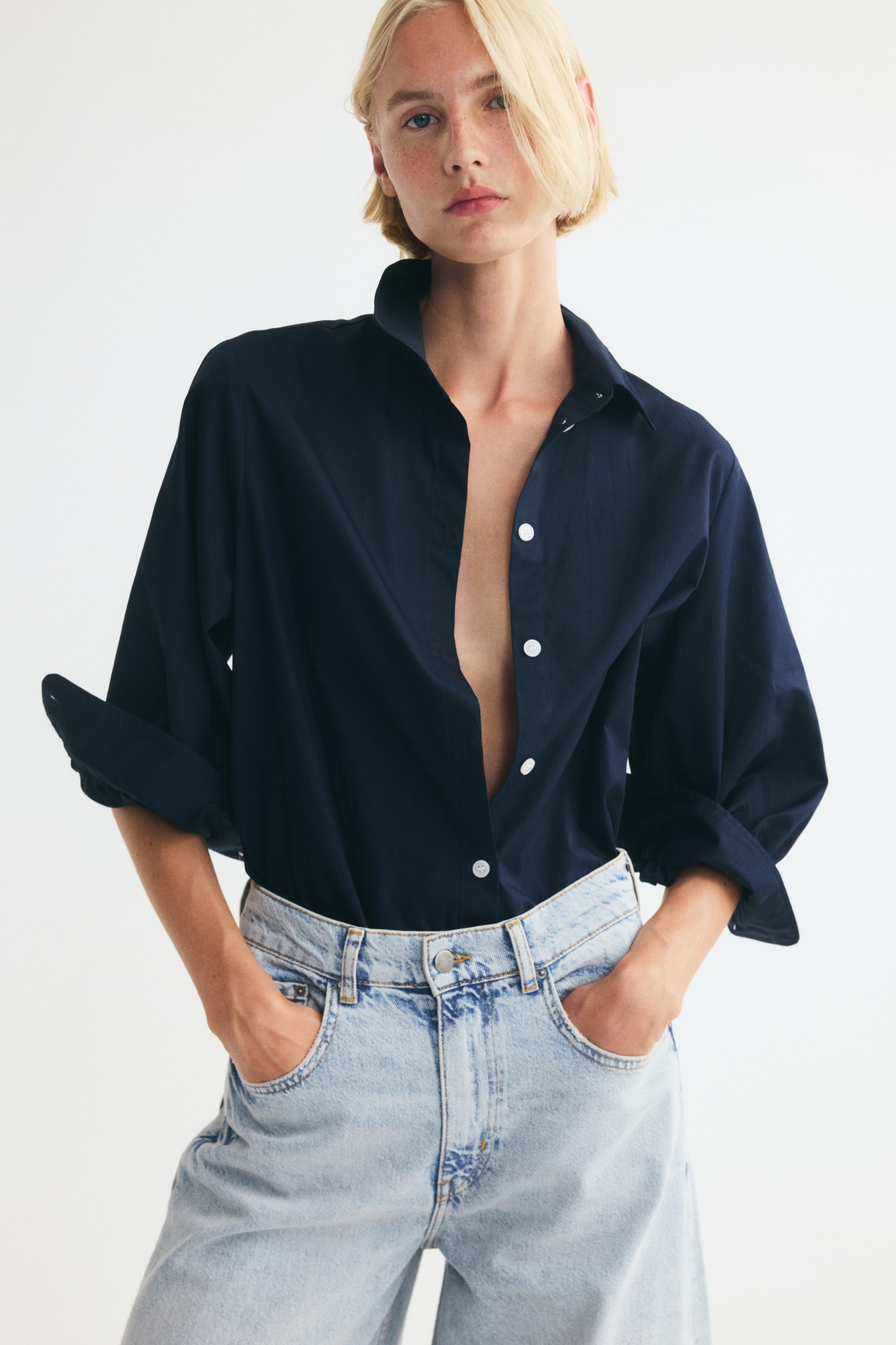 View larger image: Balloon-sleeved cotton shirt - Dark blue - Ladies | H&M 1
