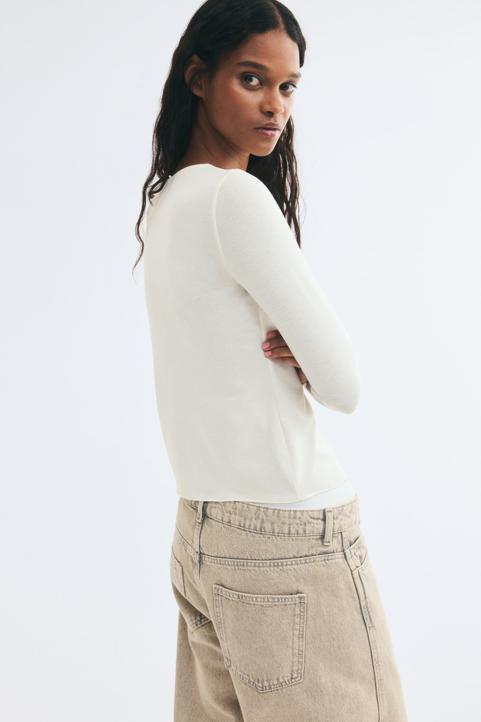 Женский топ H&M Button-Front Fine-Knit Top, цвет: Кремовый — фото 4