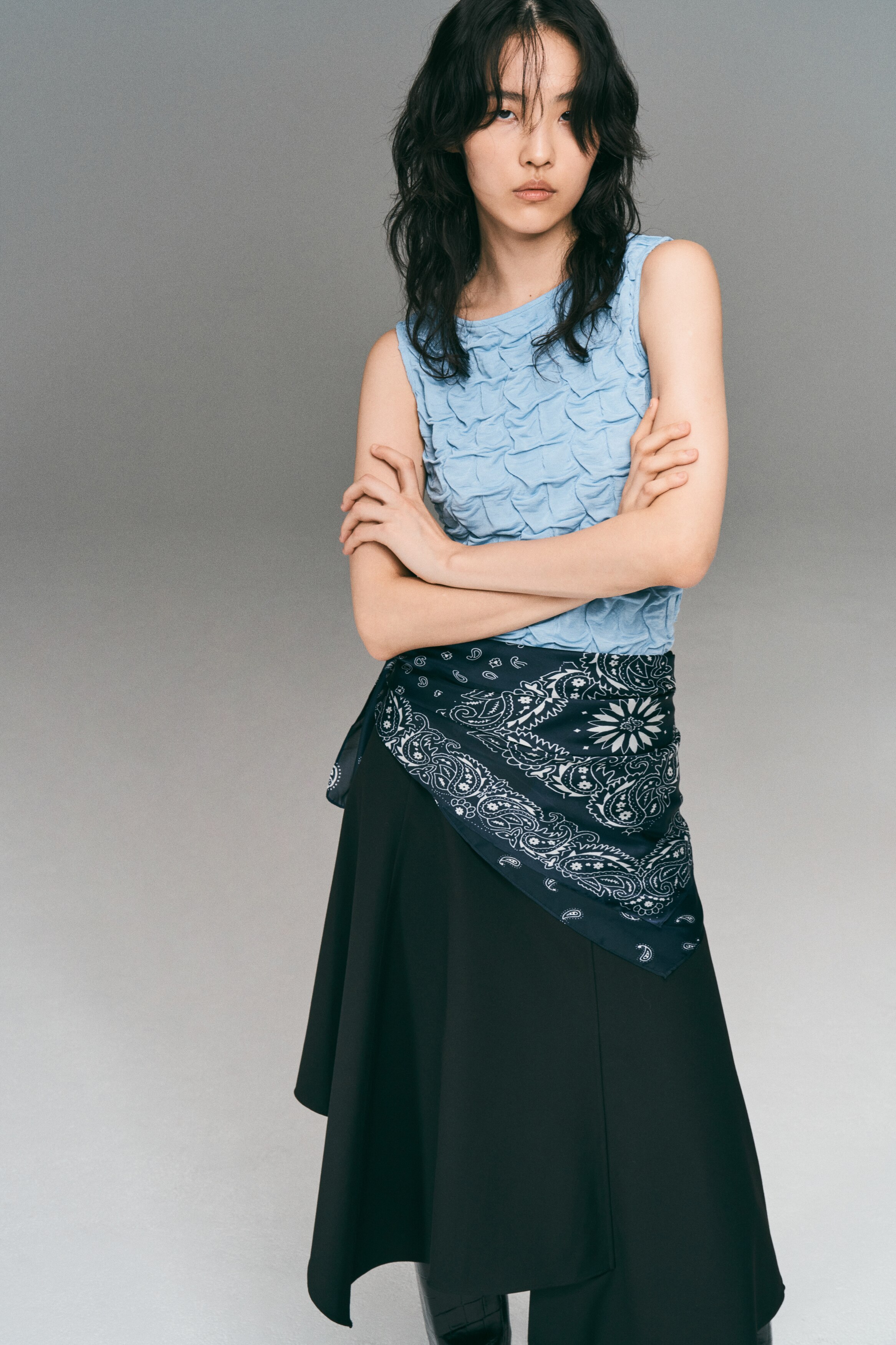 Ruffled Tank Top - Dusty blue/White/Black