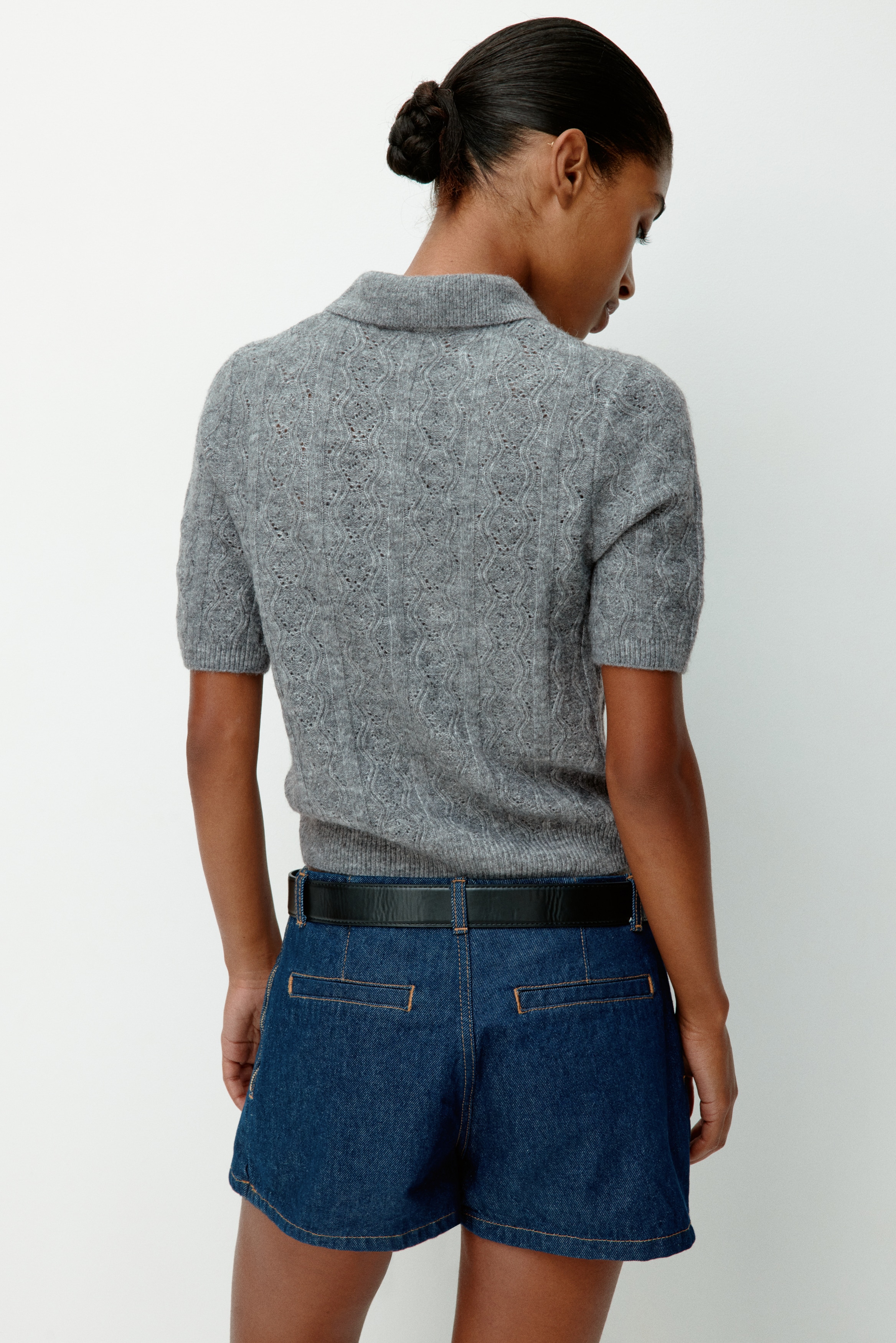 Pointelle-knit polo jumper