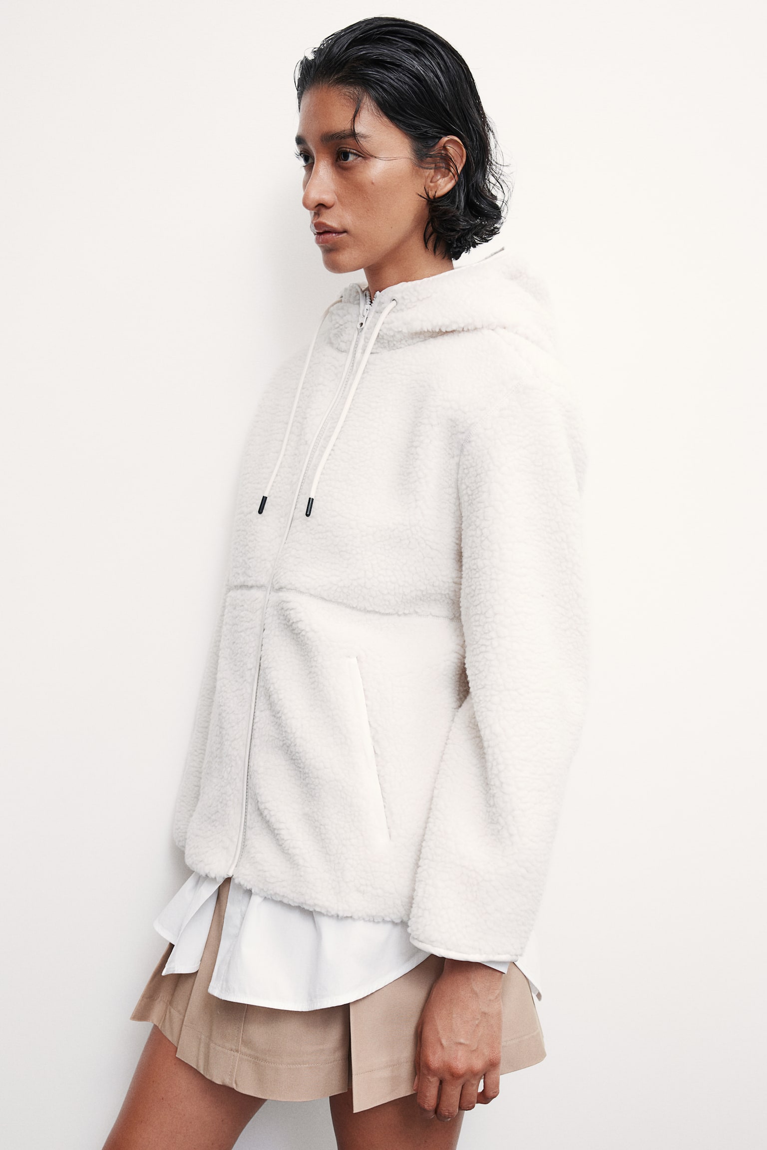 Hooded teddy jacket - White/Greige - 3