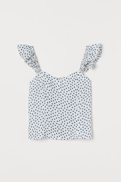 Linen top - Sweetheart neckline - Sleeveless - White/Blue patterned ...