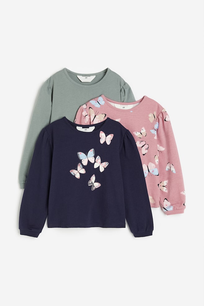 3-pack cotton sweatshirts - Navy blue/Butterflies - 1