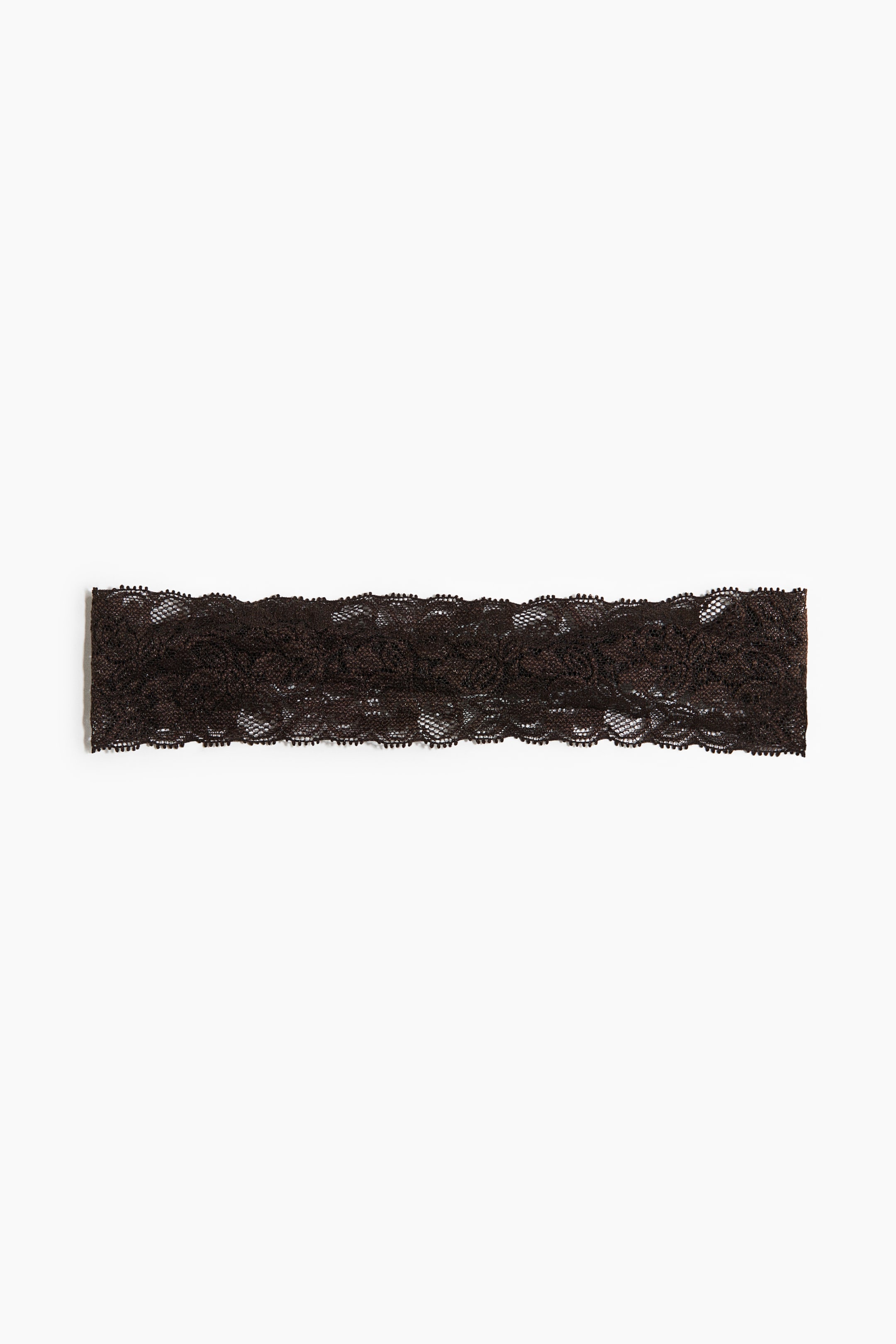 View larger image: A wide hairband is featured at the front, highlighting dark brown lace adorned with an intricate floral design.