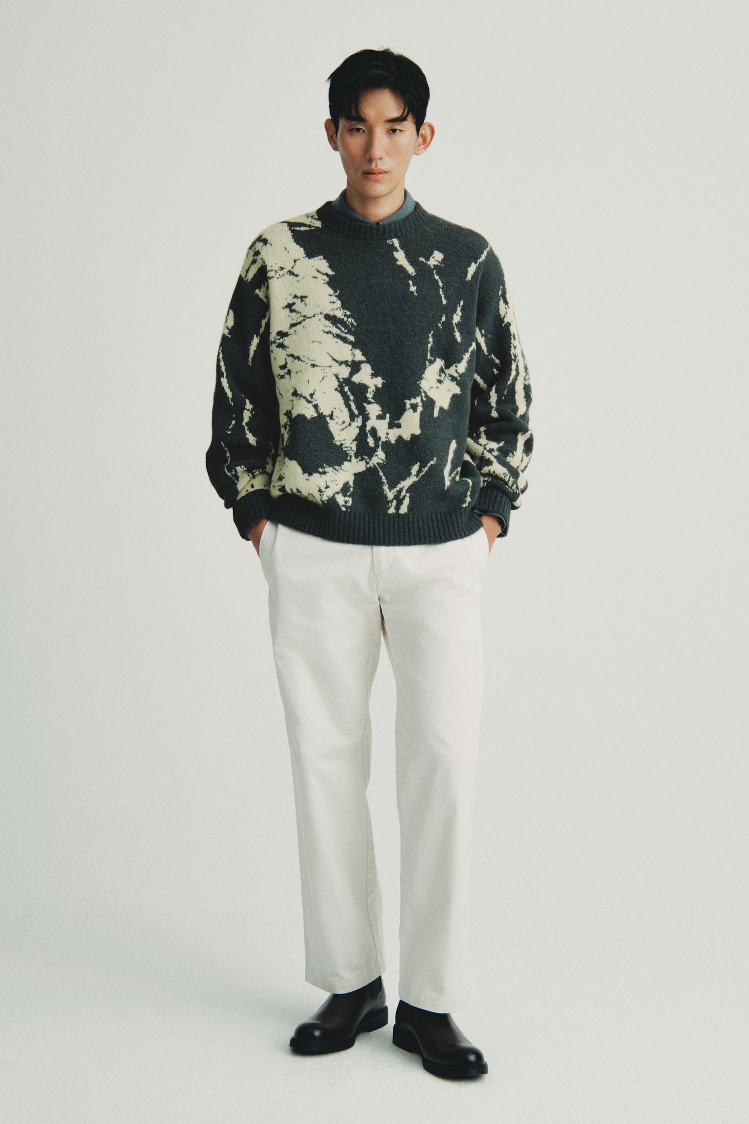 자카드 니트 스웨터 루즈핏 - 다크 그린/베이지/블랙/라이트 그레이 - 1