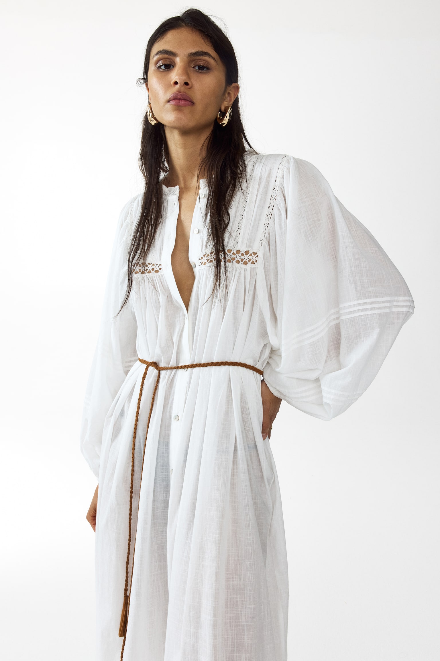 Oversized tie-belt tunic dress - White - 1