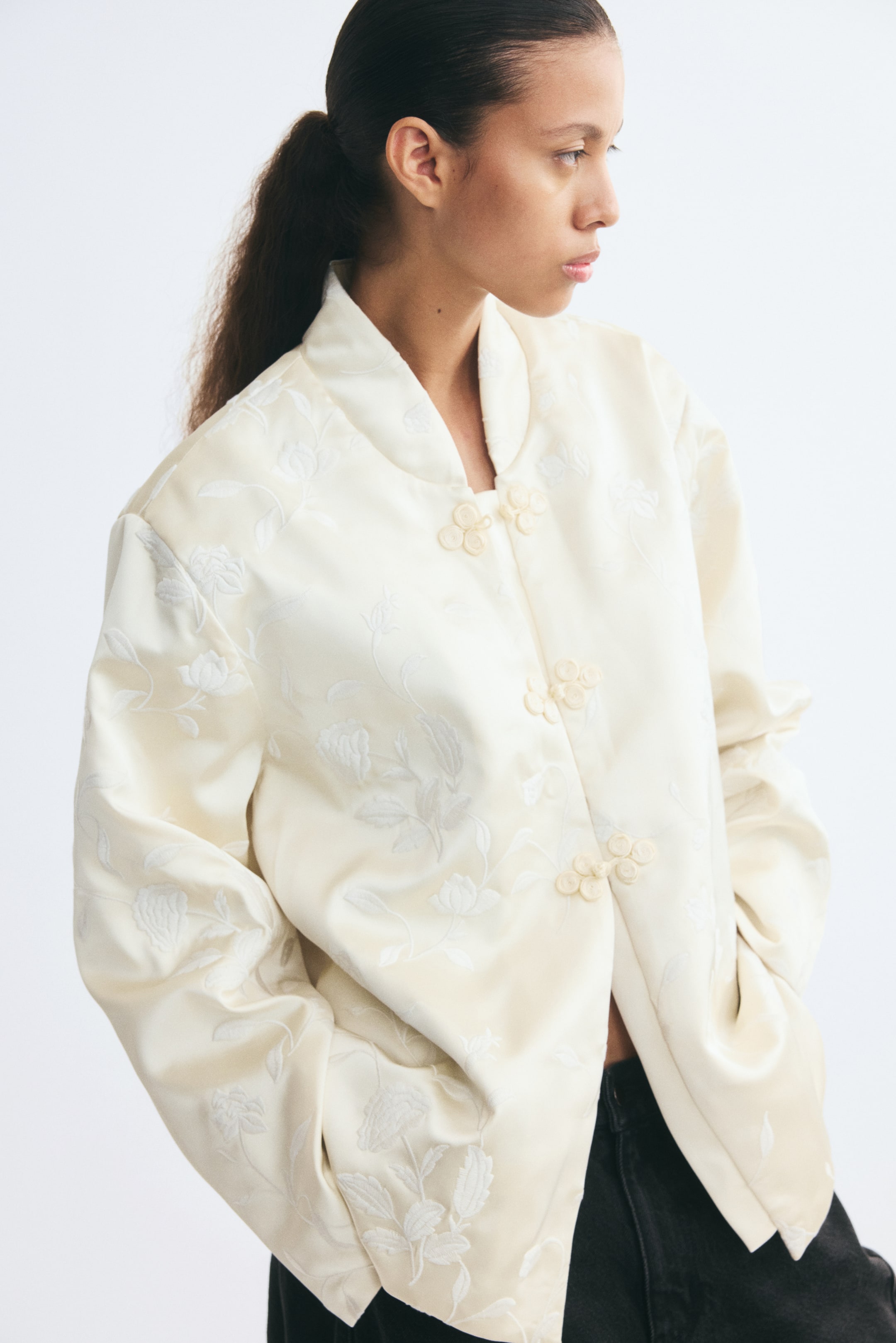 Embroidered Knot-Button Jacket