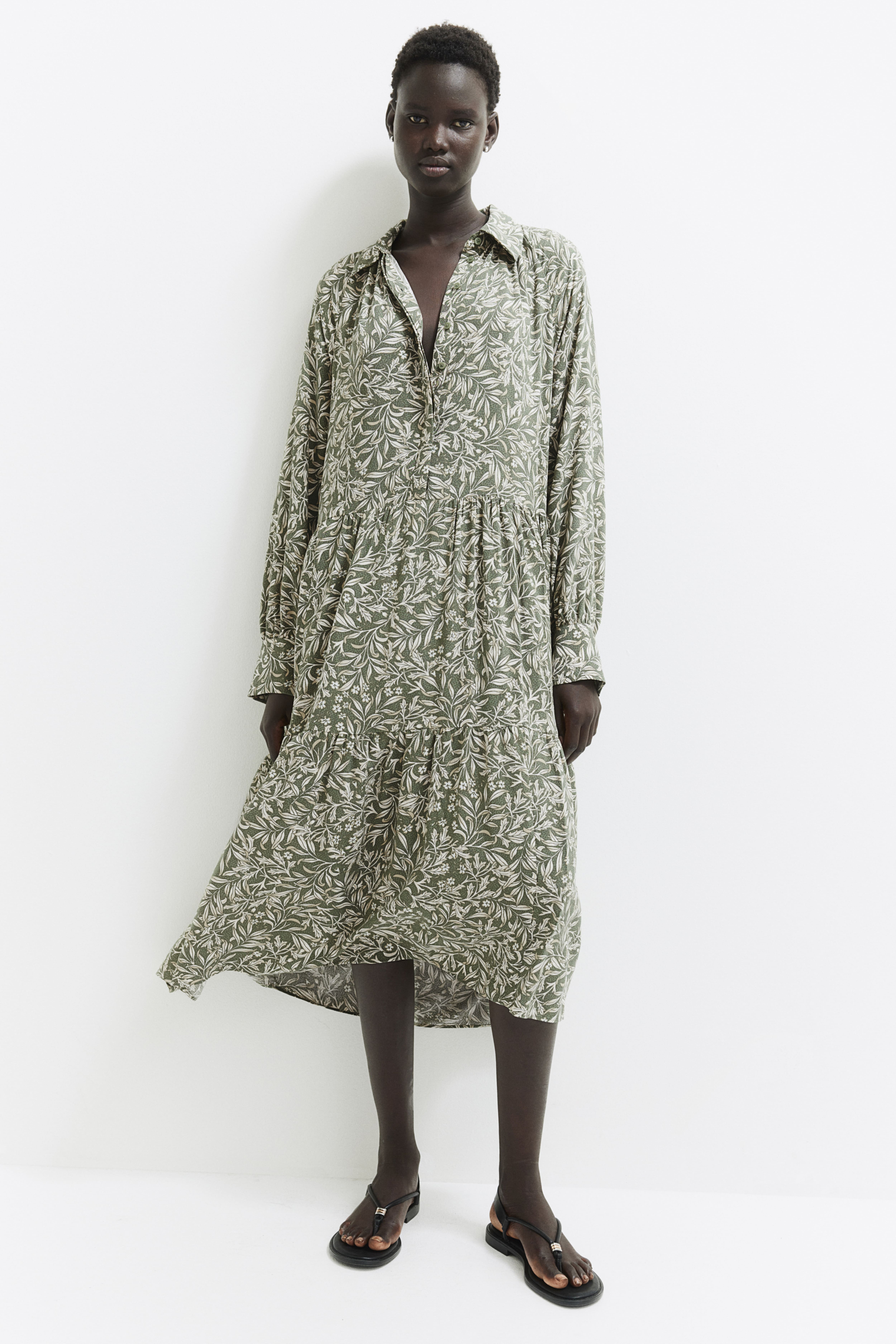 Midi Shirt Dress - Long sleeve - Midi - Khaki green/patterned - Ladies |  H&M US