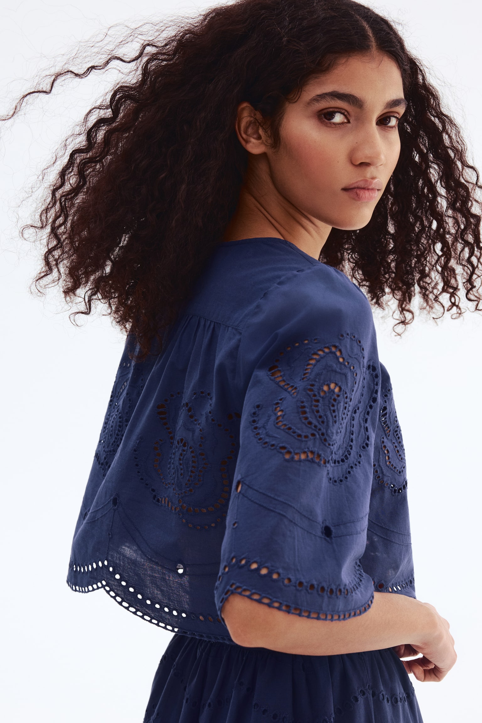 Broderie anglaise cotton blouse - Dark blue - 2