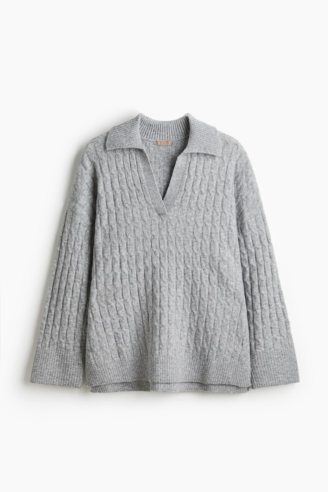 Chandail style polo en tricot torsadé - Gris clair chiné/Beige/Beige/Gris foncé chiné - 1