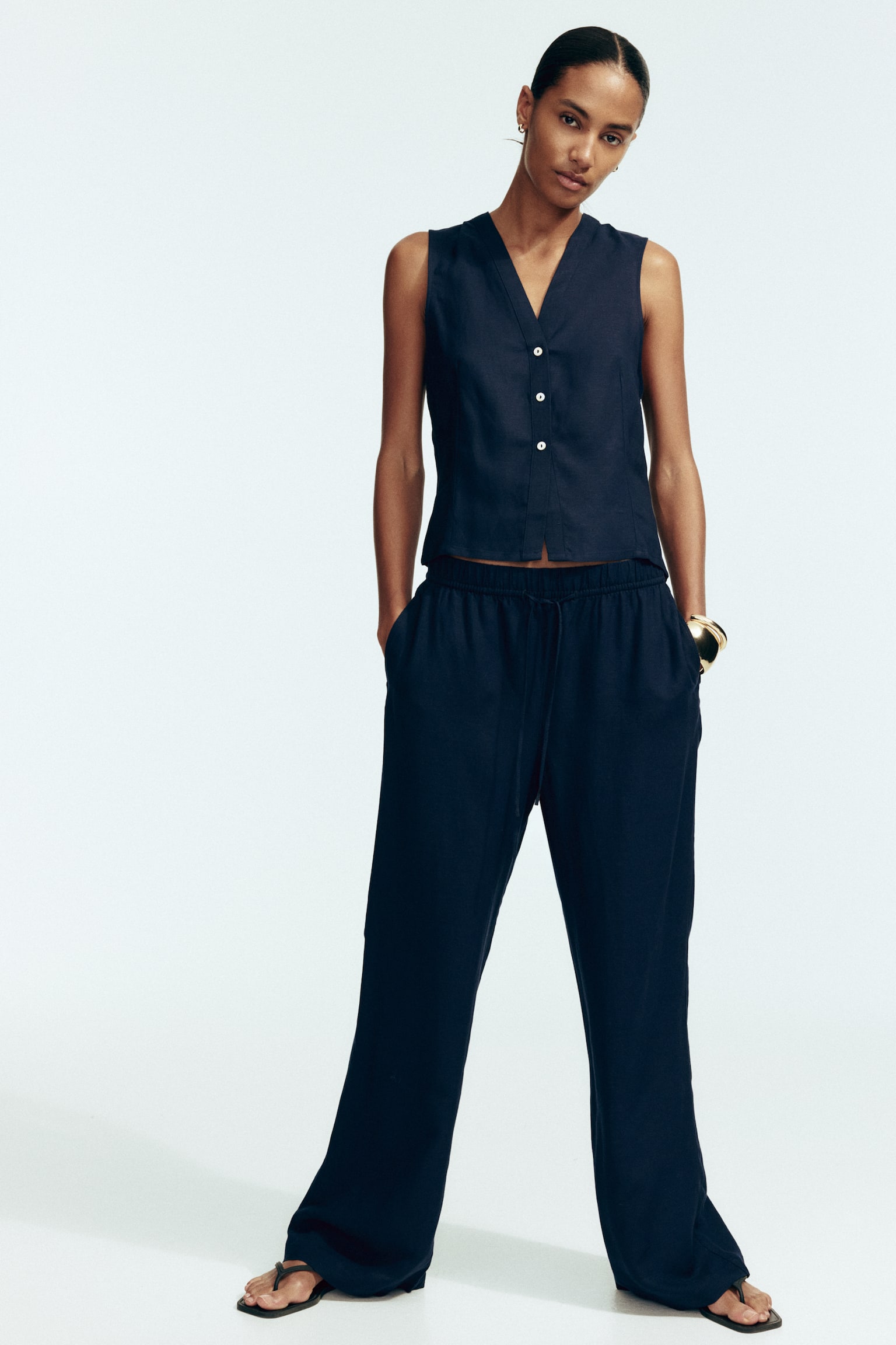 Linen-blend trousers - Navy blue/Bright red/White/Striped/Light pink/Light yellow/Brown - 3