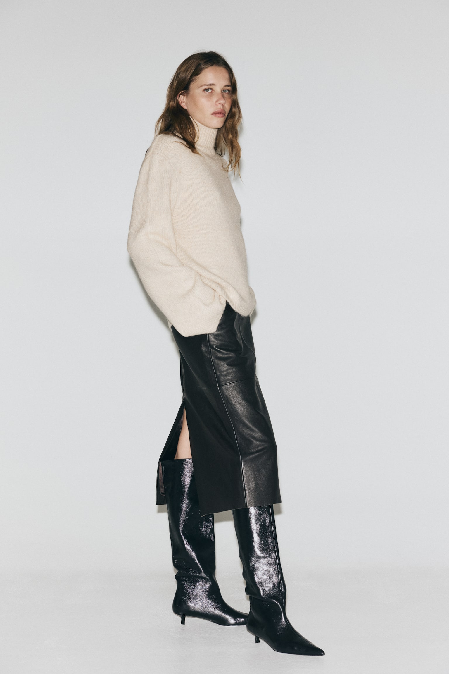 Trøje med turtleneck - Lys beige/Støvet blåmeleret - 5