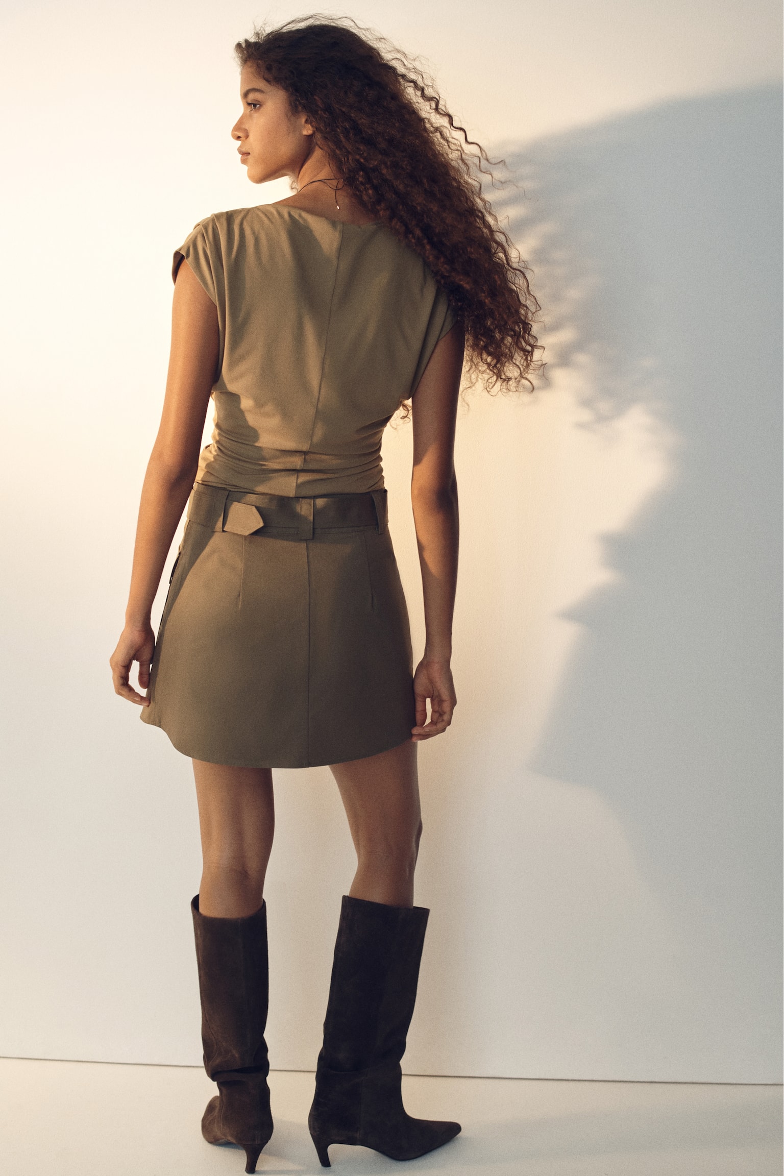 Draped boat-neck top - Beige/Dark pigeon blue/Dark brown/Cream - 4