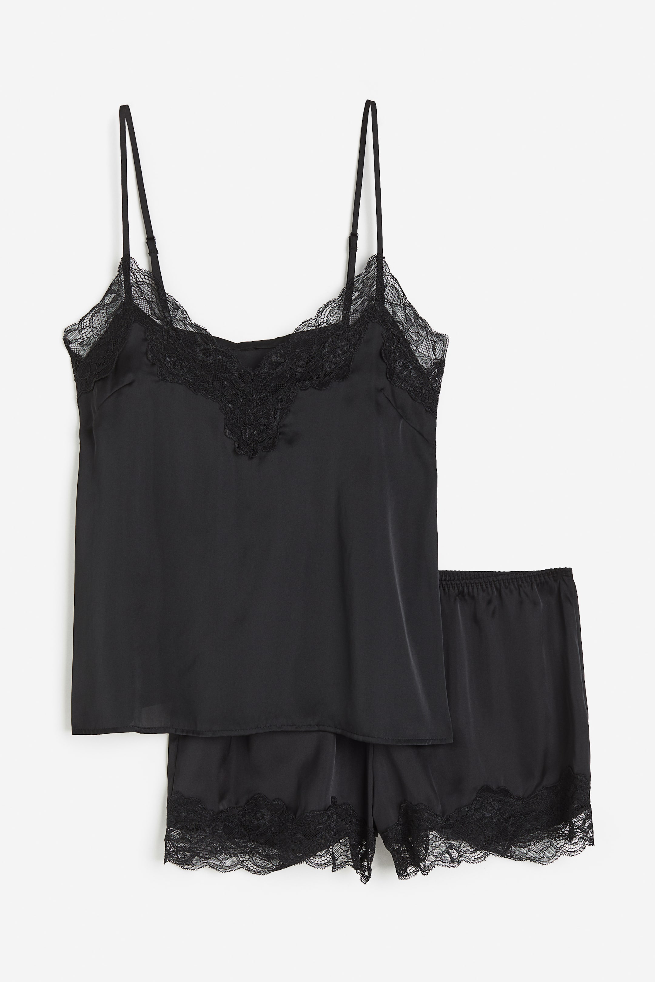 Lace-trimmed Satin Pajamas - V-neck - Sleeveless - Black - Ladies | H&M US