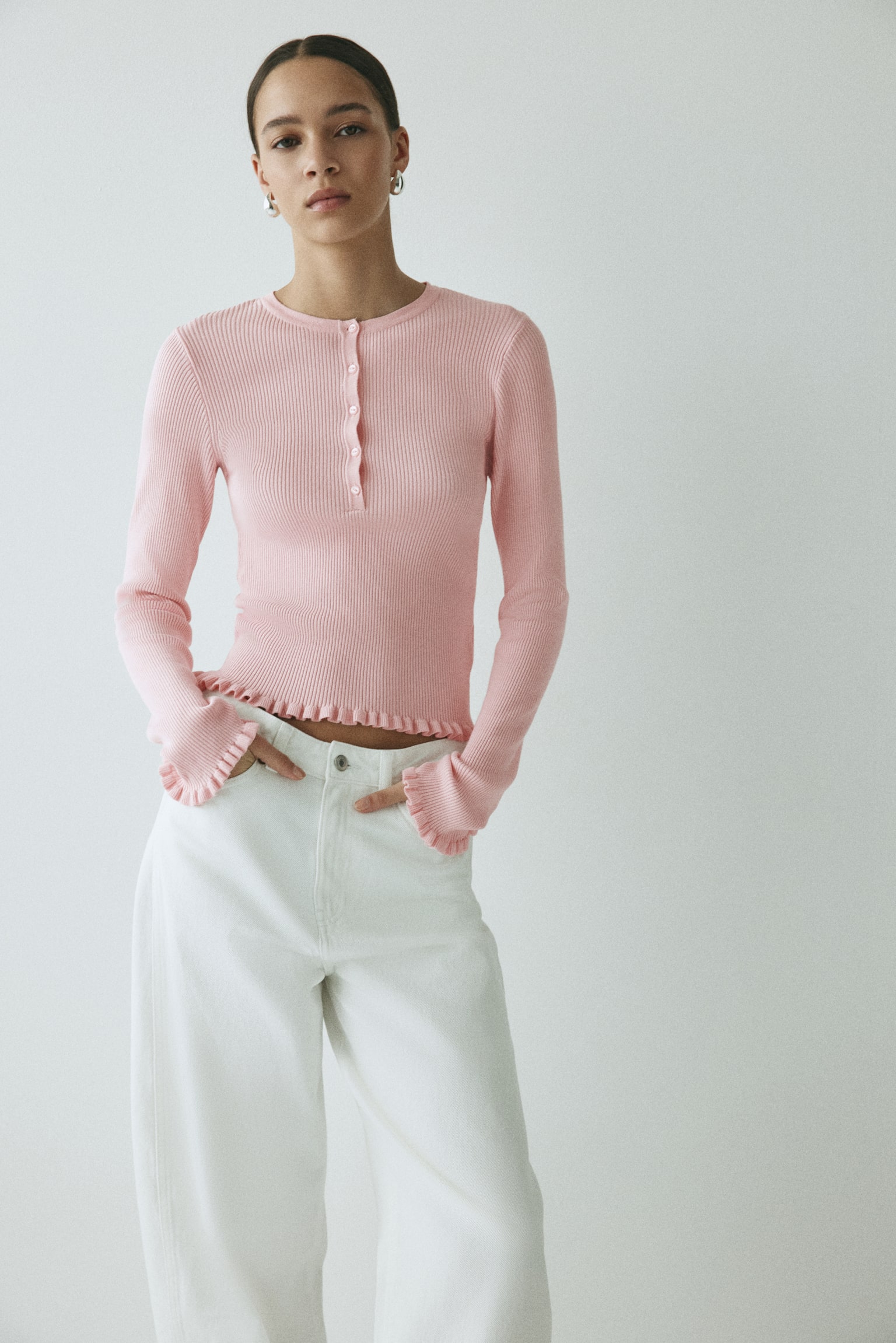 Rib-knit top - Pink/White/Navy blue - 1