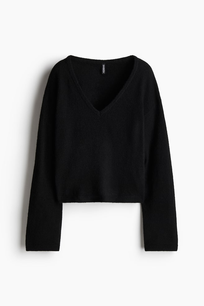 Fine-knit V-neck jumper - Black/Cream/Grey marl - 1