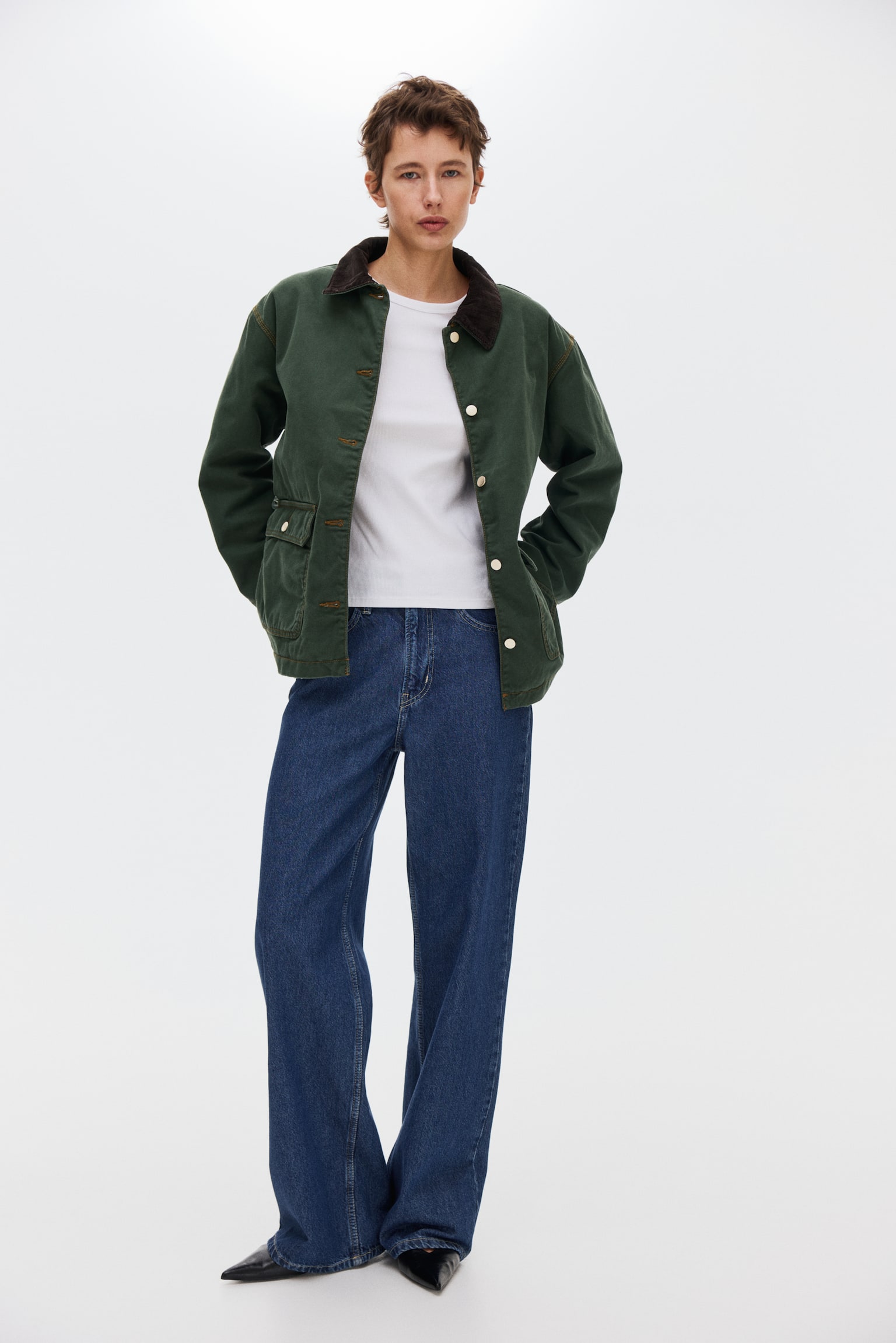 Oversized corduroy-collar jacket - Dark green - 4