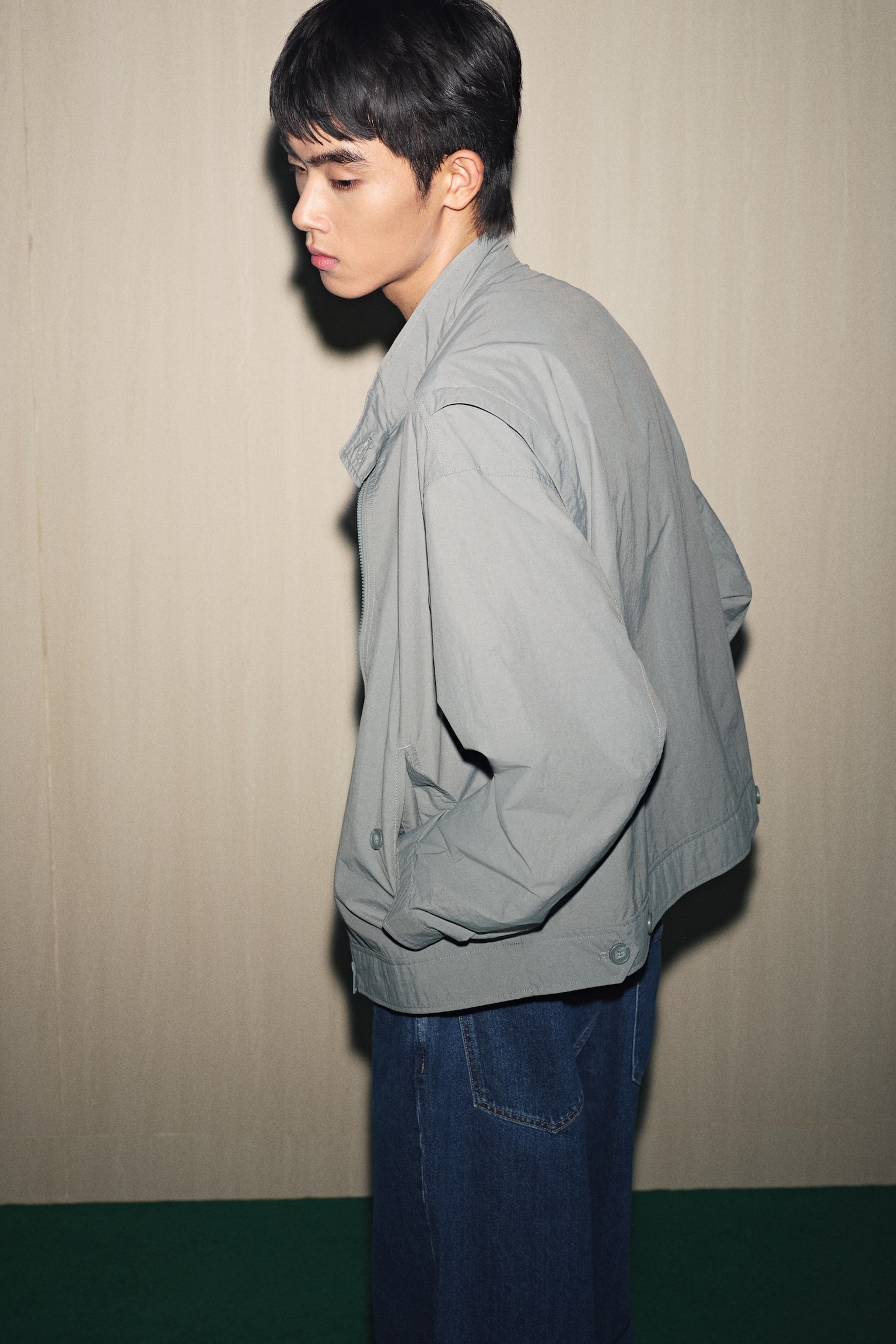 나일론 재킷 루즈핏 - 라이트 카키 그린/블랙 - 4