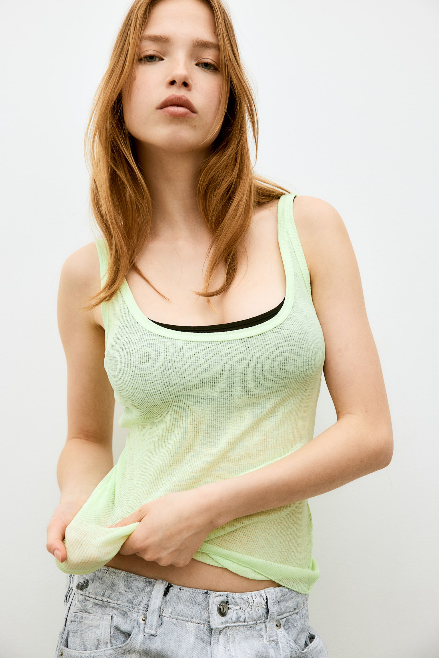 Ribbed vest top - Lime green/Black/White/Beige - 1