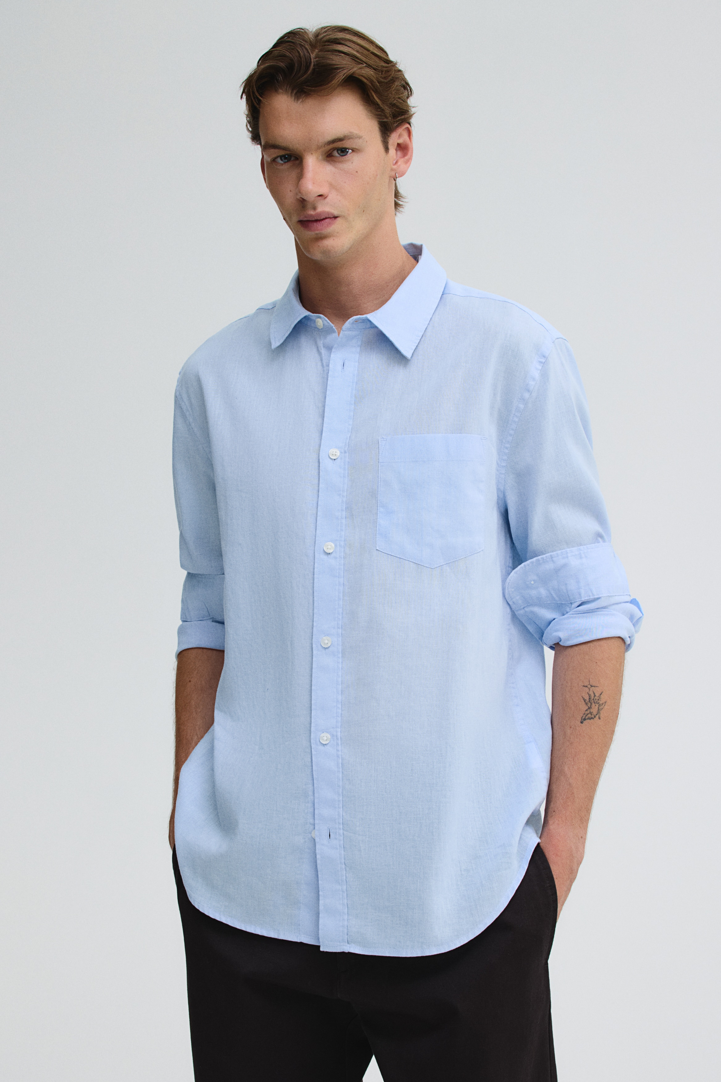 Regular Fit Linen-blend shirt - Light blue/Beige/White