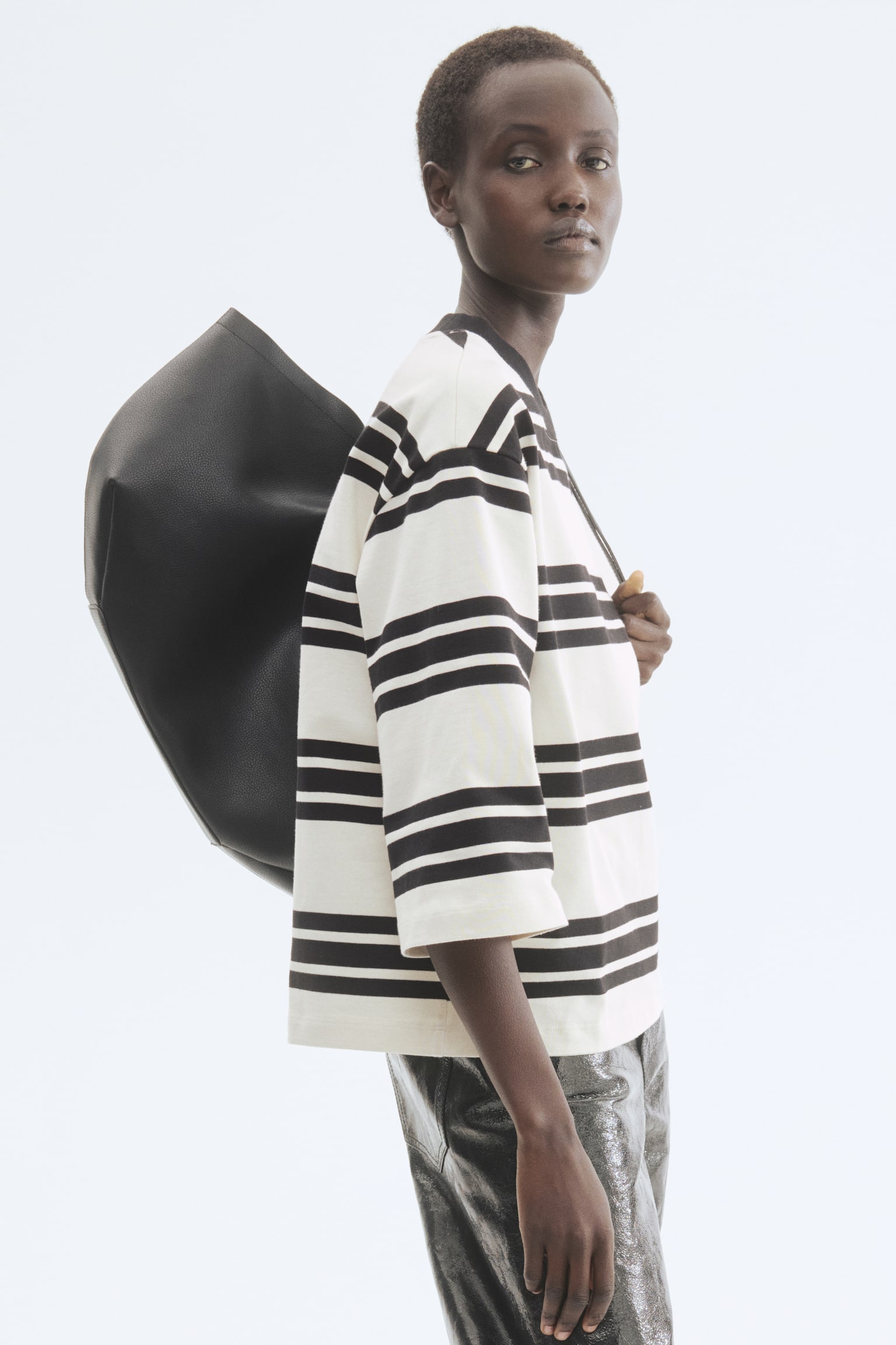 Bavlněný top Loose Fit - Bílá/černý proužek/Pudrově růžová/proužky - 2