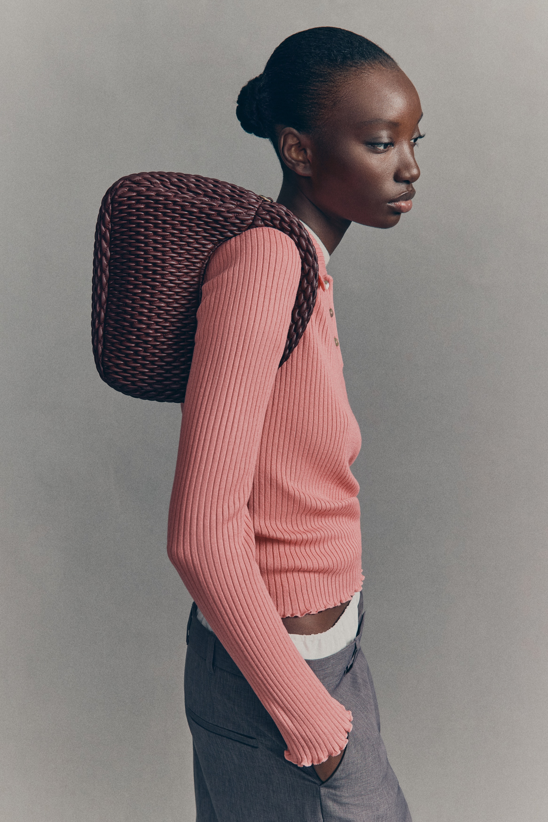 H & M - リブニットポロセーター - ピンク