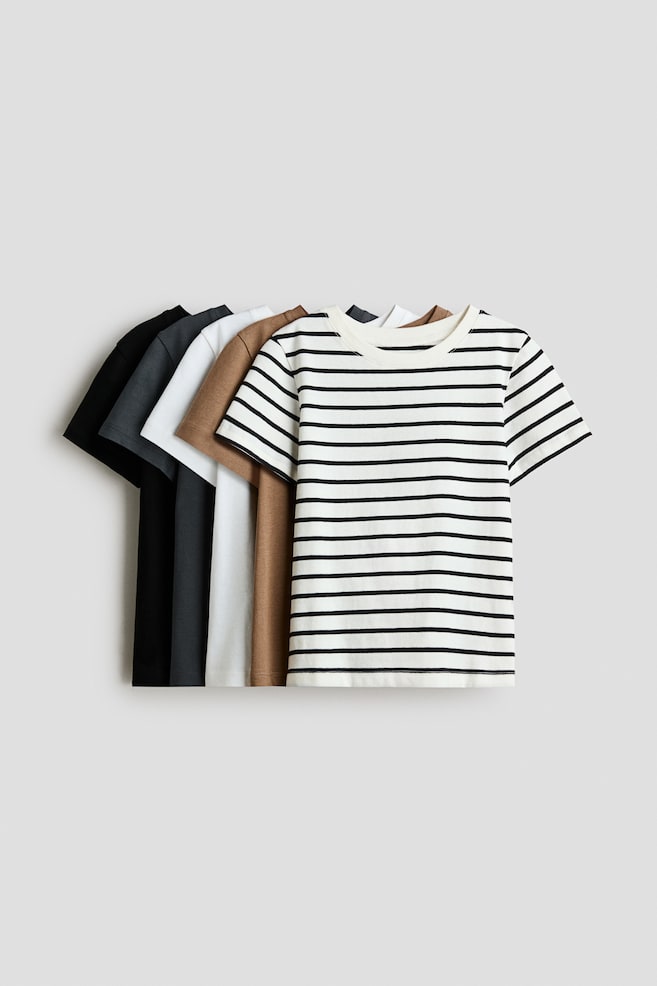 Set van 5 katoenen T-shirts - Bruin/zwart/donkergrijs/Beige/blauw/roomwit/Blauw/donkerrood/bruin/Blauw/lichtgrijs gemêleerd/Marineblauw/wit/Dusty donkergroen/donkerbruin/Marineblauw/blauw/Abrikoos/blauw/Blauw/wit/geel/Rood/gestreept/Donkergroen/gestreept - 1