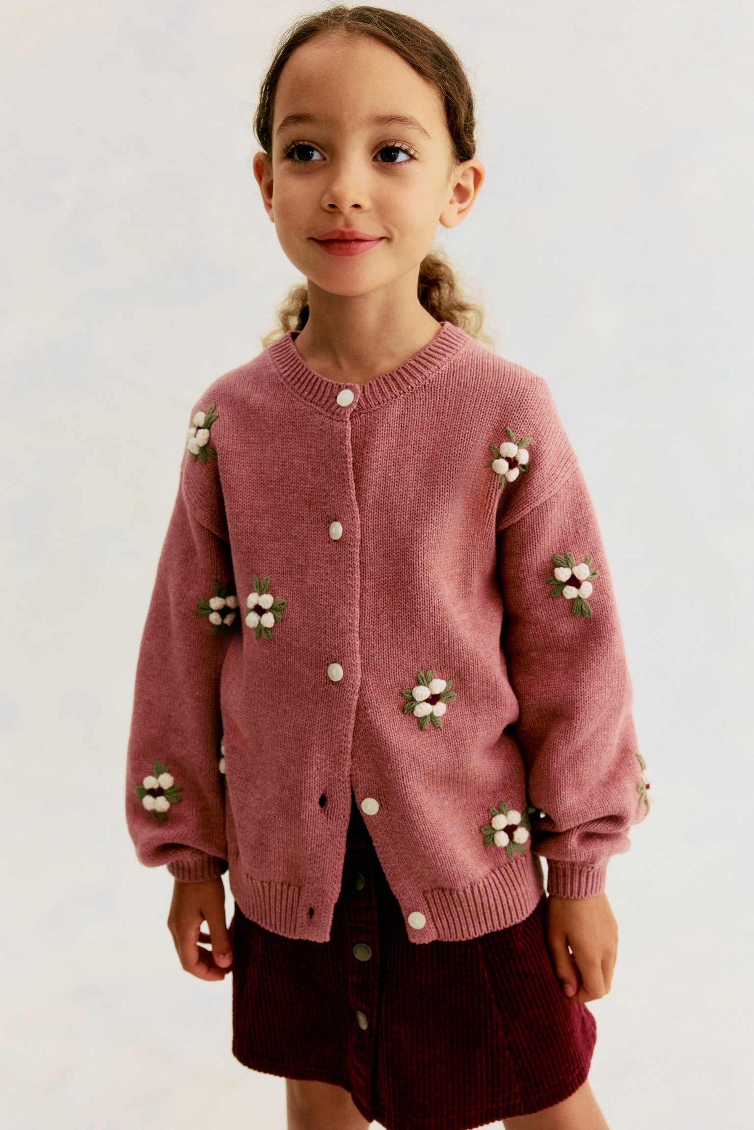 Embroidery-detail cotton cardigan - Dusty pink - 1
