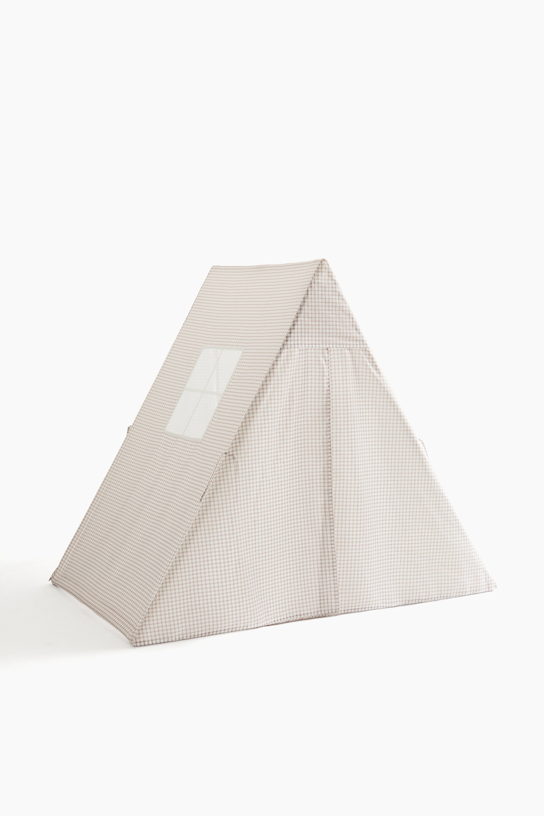 View larger image: An A-frame play tent features a cream and light brown small grid pattern and a rectangular mesh window on its visible sloped side.
