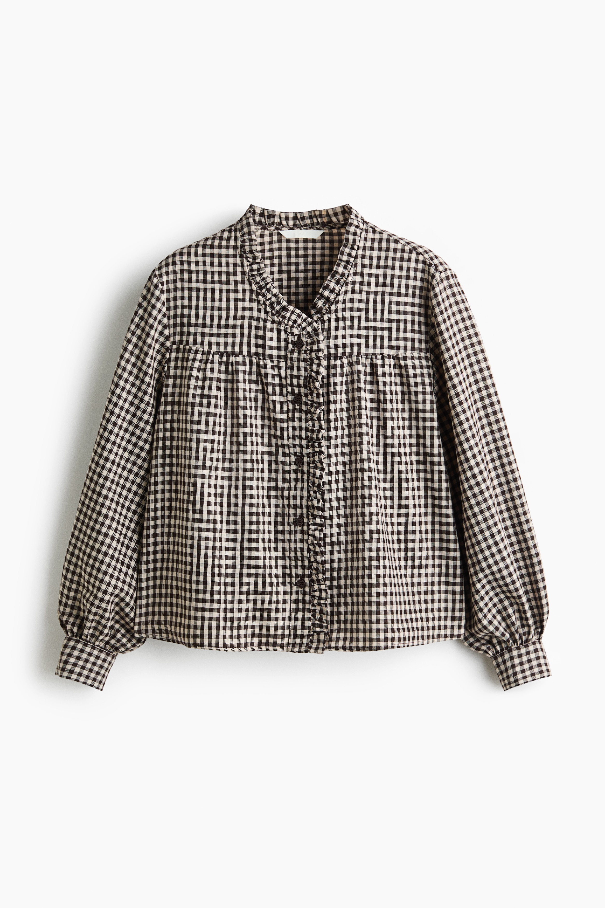 Áo kiểu dệt chéo viền diềm nhún - Màu nâu đậm/Kẻ ca rô gingham/Màu trắng/Màu xanh khói nhạt/Kẻ gingham
