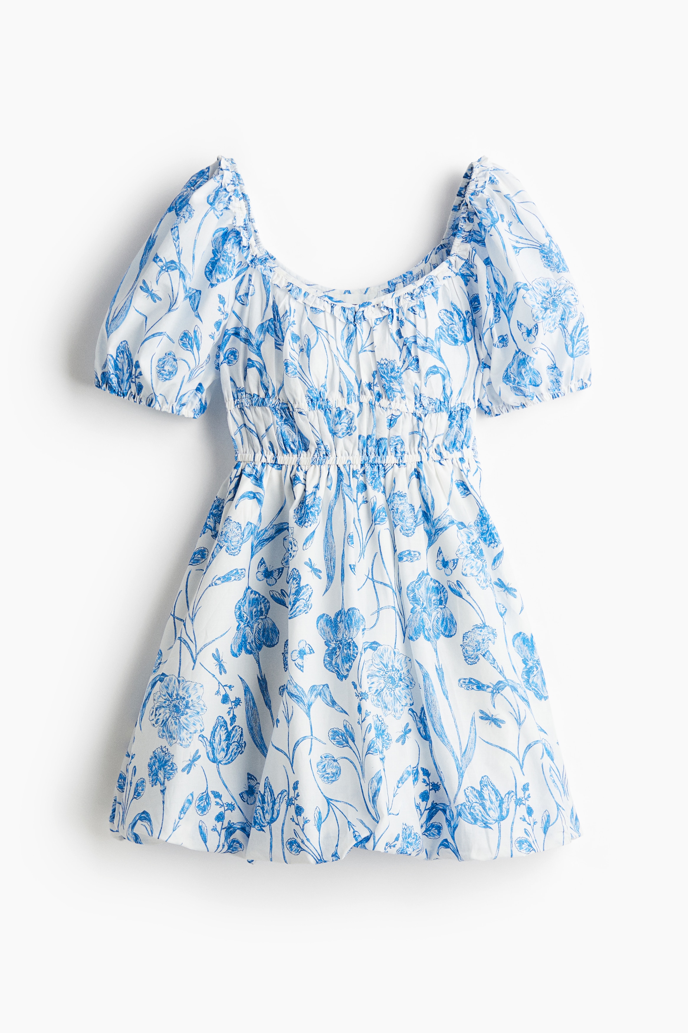 Balon Etekli Pamuklu Elbise - Beyaz/Mavi çiçekli/Siyah/Beyaz/Çiçekli