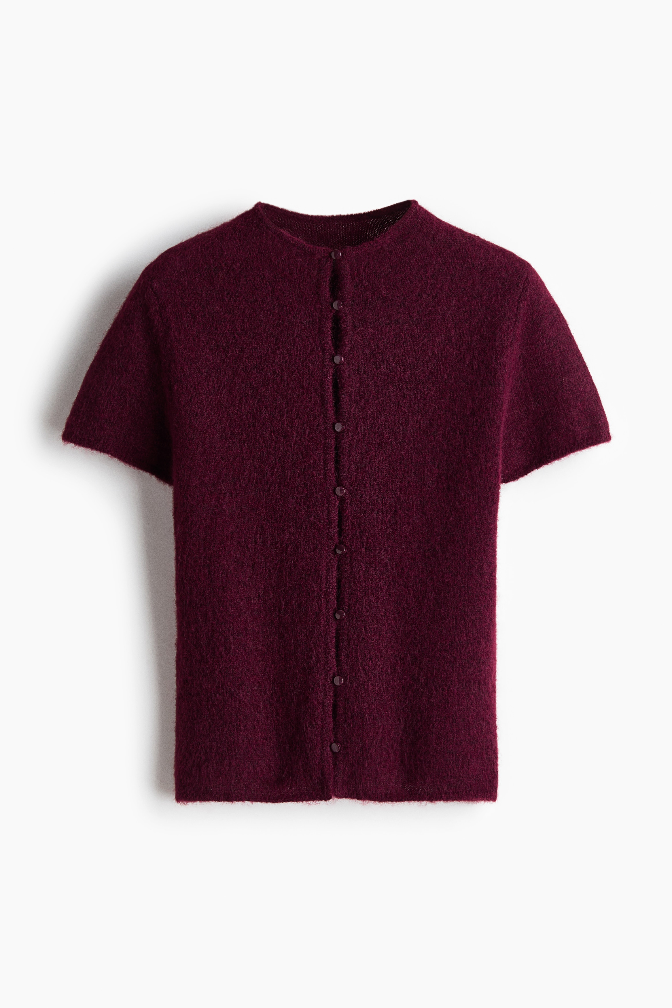 Short-Sleeved Fine-Knit Cardigan - Burgundy