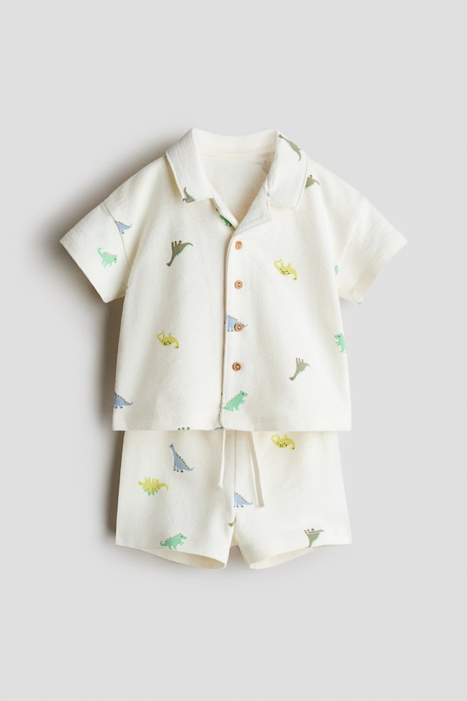 2-Piece Cotton Jersey Set - White/dinosaurs/Light beige/blue striped/Dark green/palm trees/Navy blue/striped/Brown/palm trees/Light blue/sailboat/Light green/fish - 1