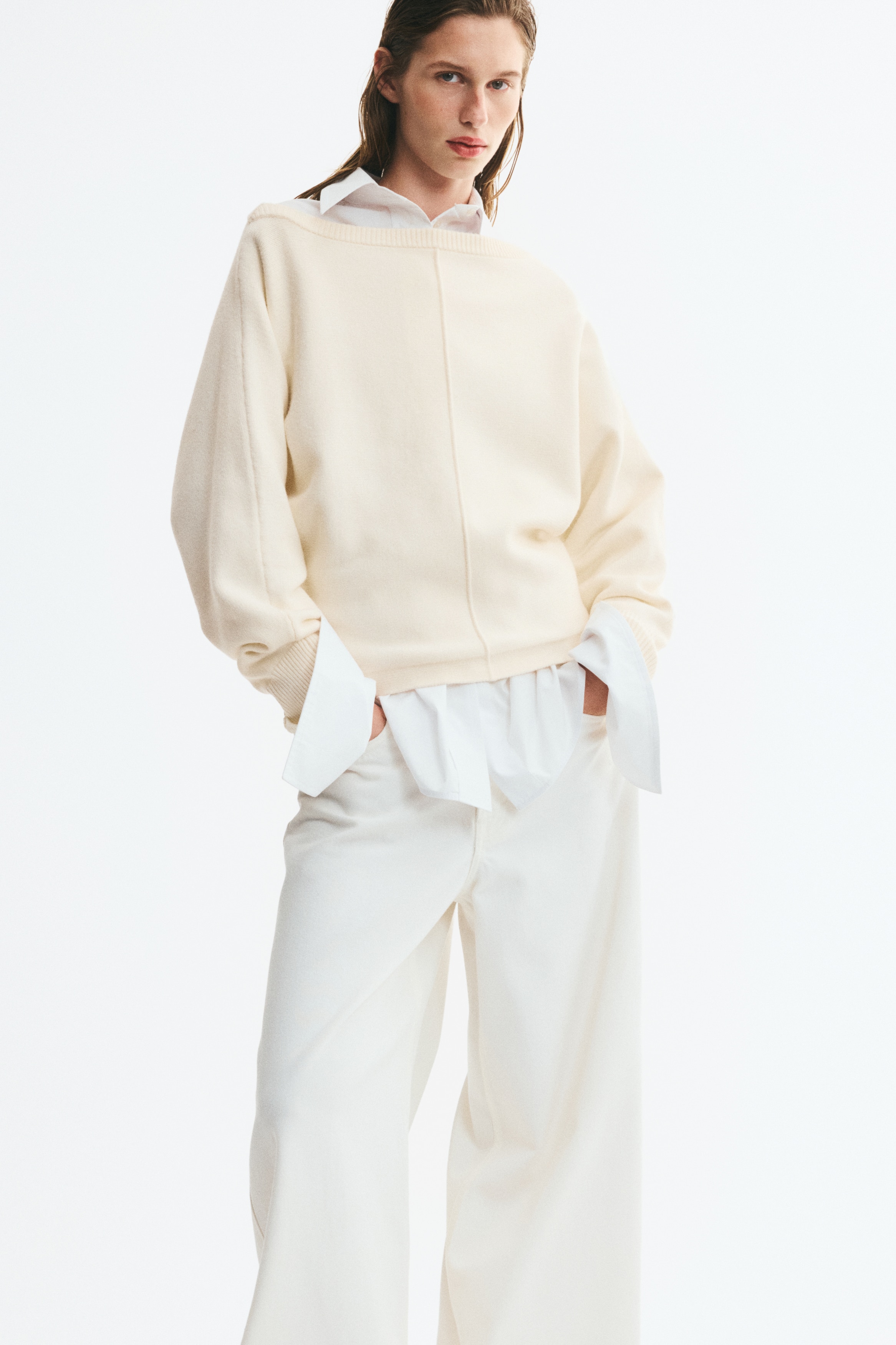 Pullover in misto viscosa con scollo a barca - Cream/Giallo chiaro