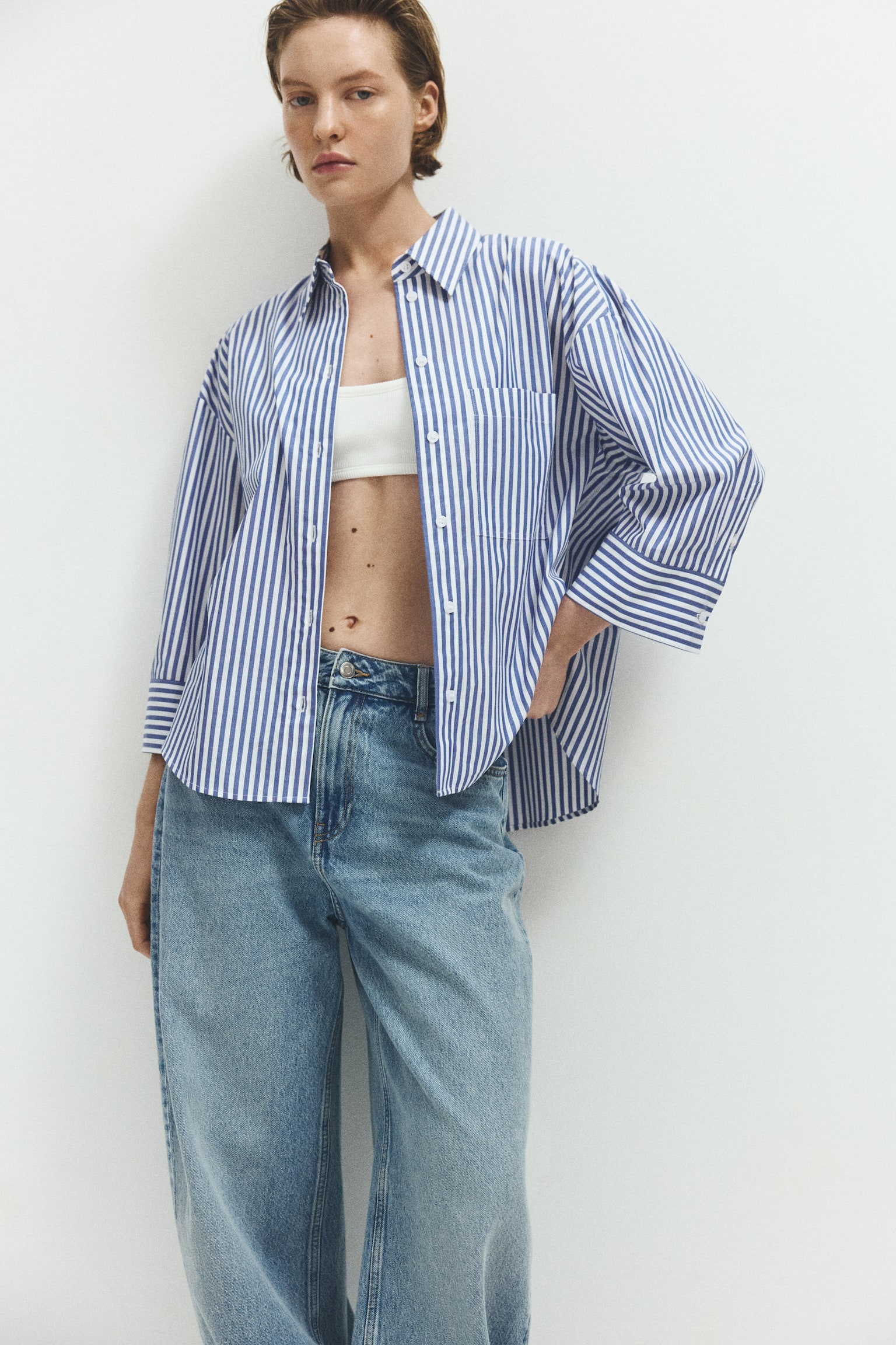 Short poplin shirt - Blue/Striped/Bright green/Pinstriped/Light pink/Striped/White - 1