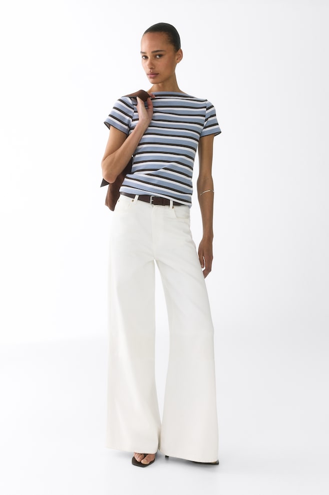 Boat-Neck Cotton Top-Light blue/striped - 3
