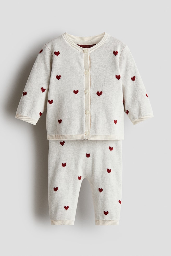 2-piece Fine-Knit Set - White/hearts/Light beige/hearts/Cream - 1