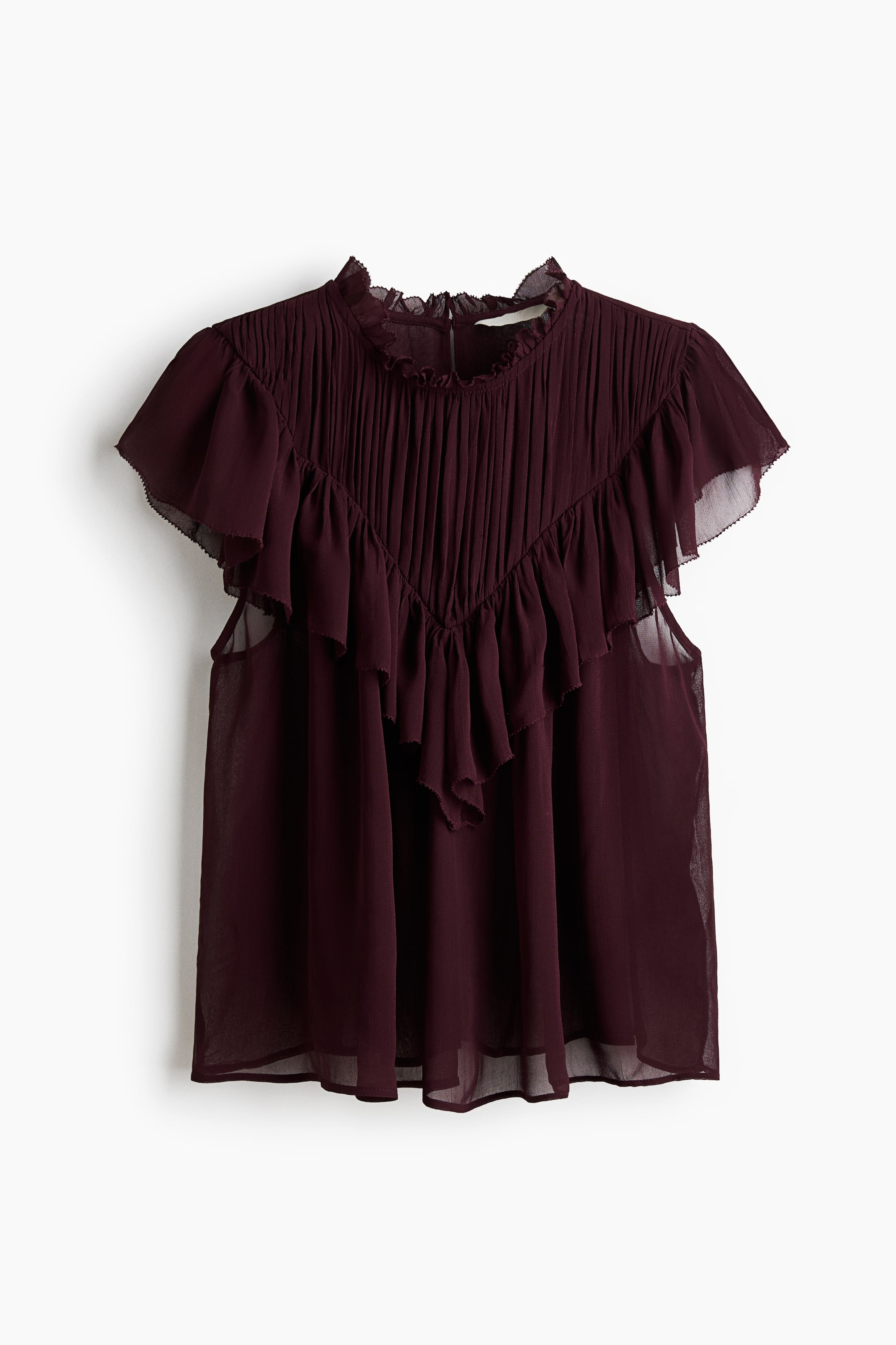 View larger image: A burgundy sleeveless blouse in a sheer viscose weave is presenting its FRONT, featuring a round, frill-trimmed neckline with pleating on the upper bodice and a wide, V-shaped flounce.