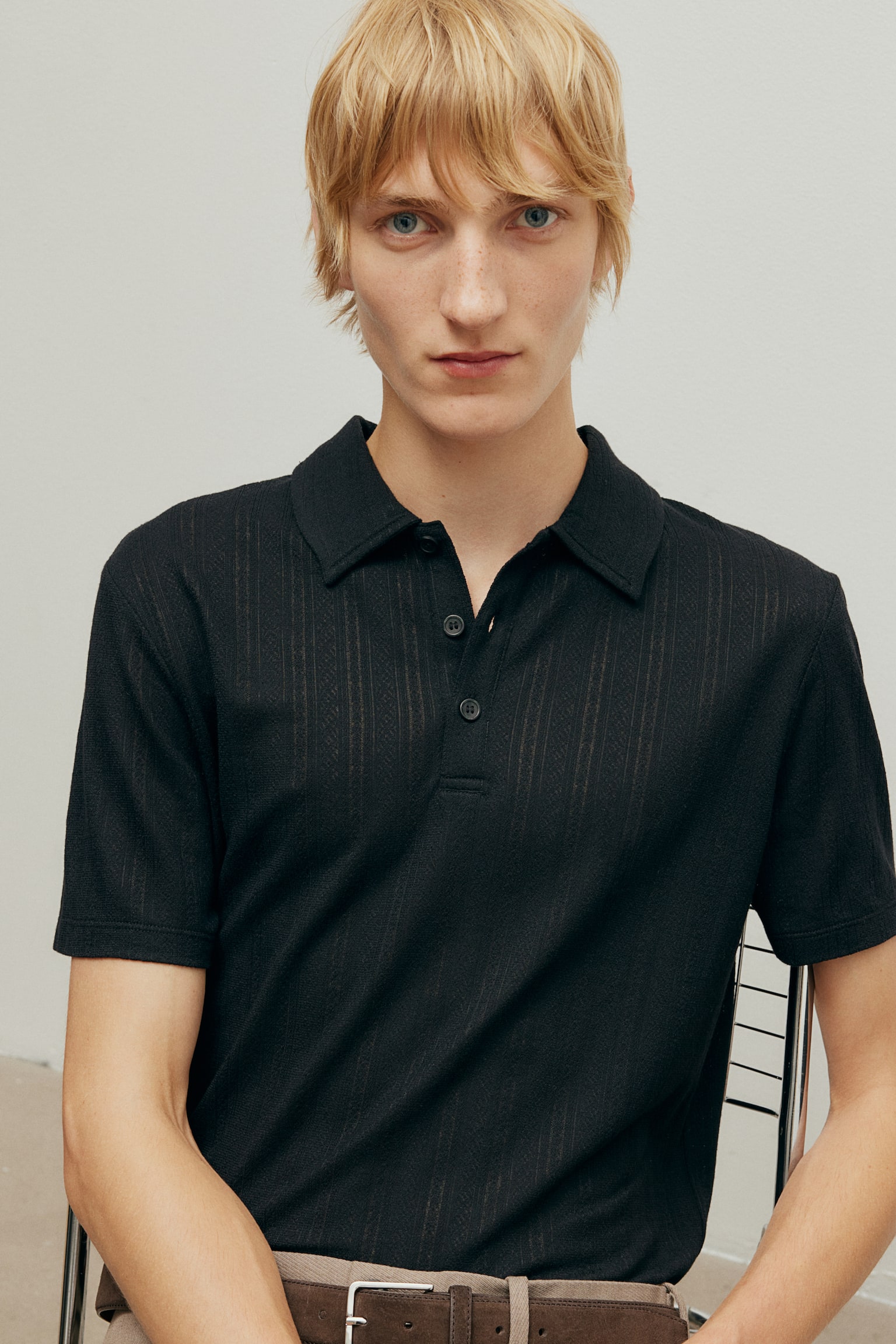 Slim Fit Textured jersey polo shirt - Black - 1