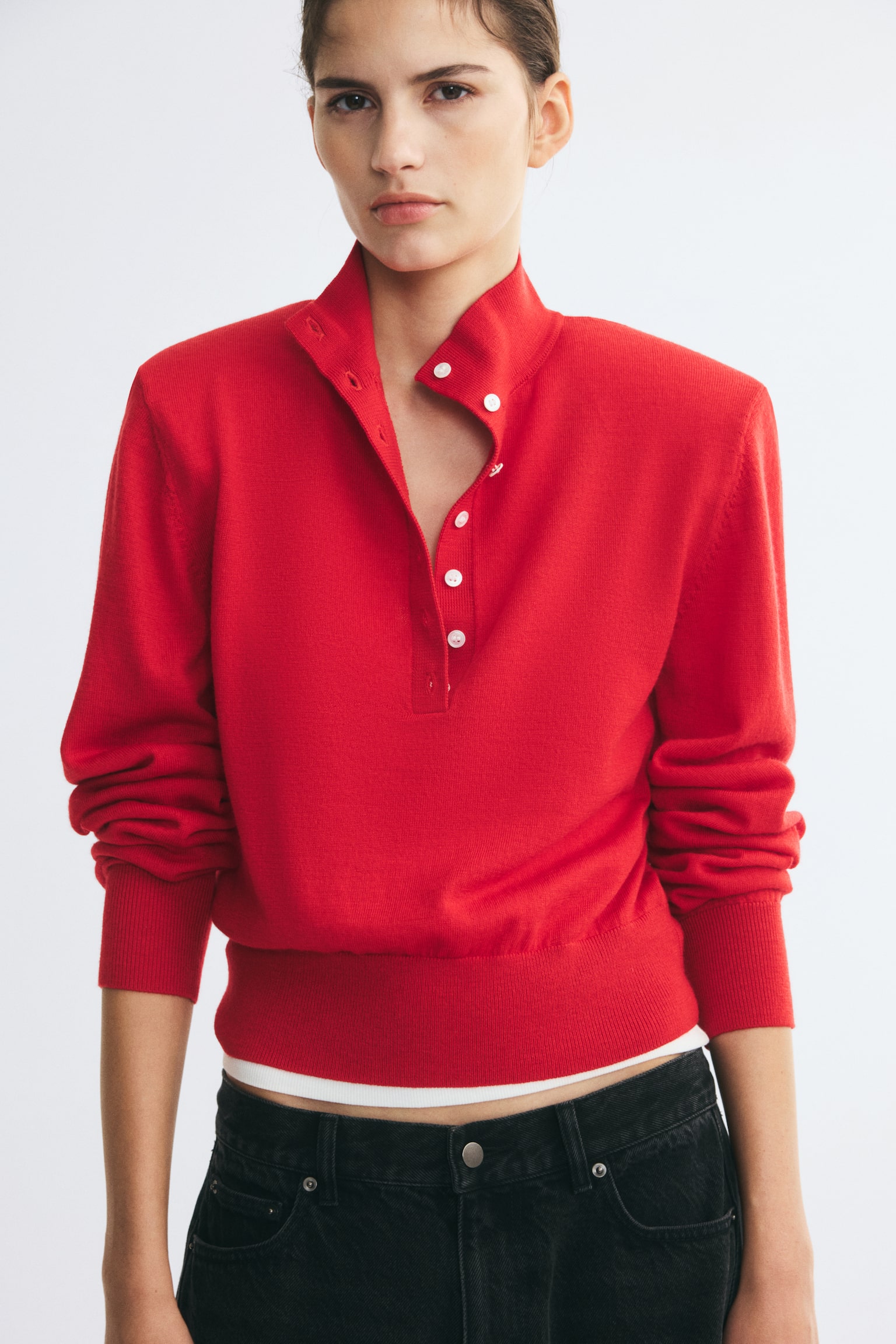 Shoulder-pad merino wool jumper - Red/Black - 1