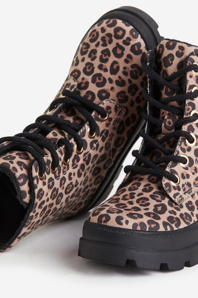 Warm-lined lace-up boots - Light beige/Leopard print/Black/Black/Pink - 2