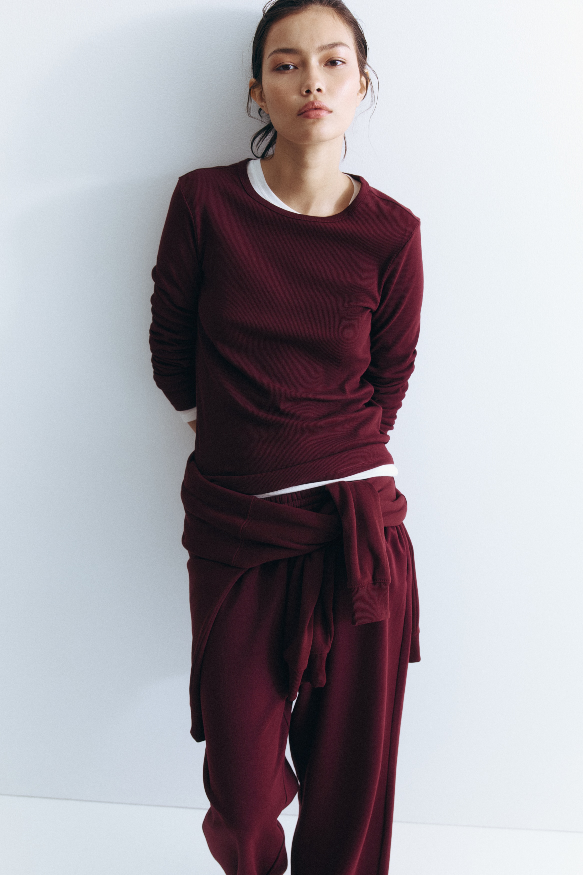 Top en coton côtelé - Bordeaux/Blanc/Noir/Blanc/Marron clair/Blanc/rayé