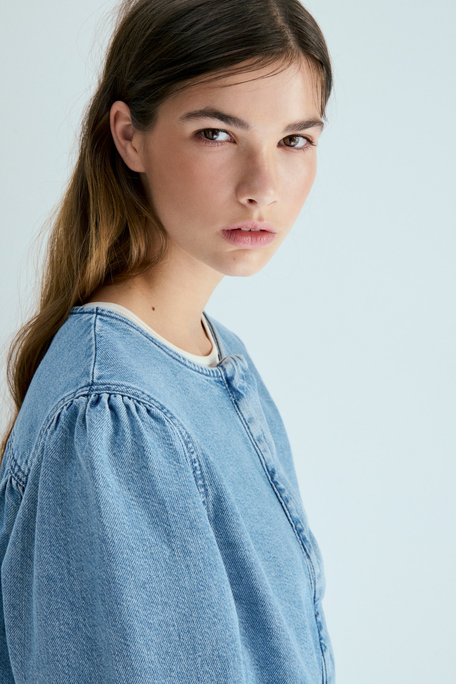 Puff-sleeved denim jacket - Light denim blue/Washed grey - 4