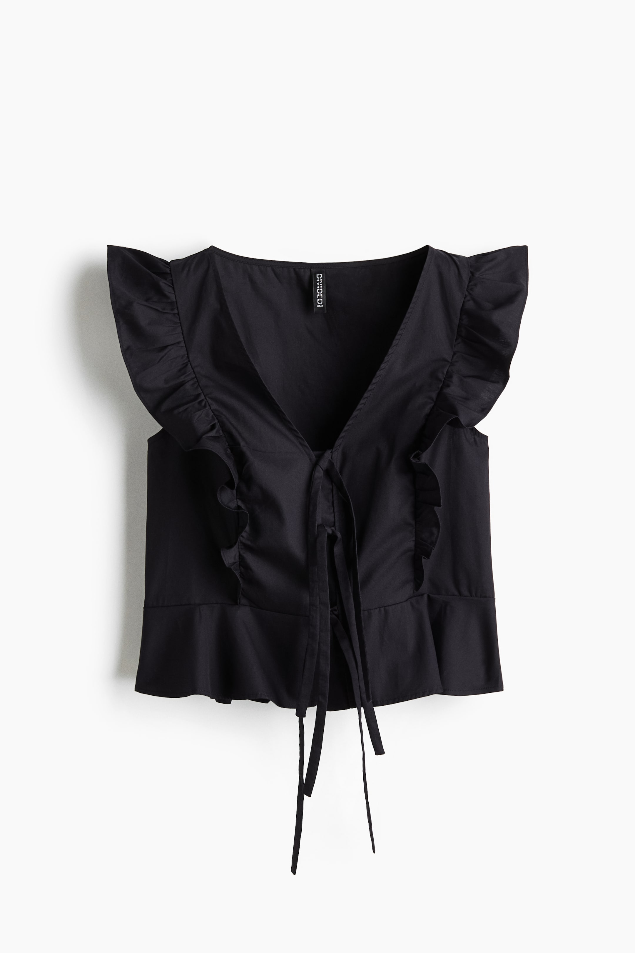View larger image: The black top is displaying its front, featuring a V-neckline, ruffled cap sleeves, a tie-front closure with two hanging ties, and a flared peplum hem.