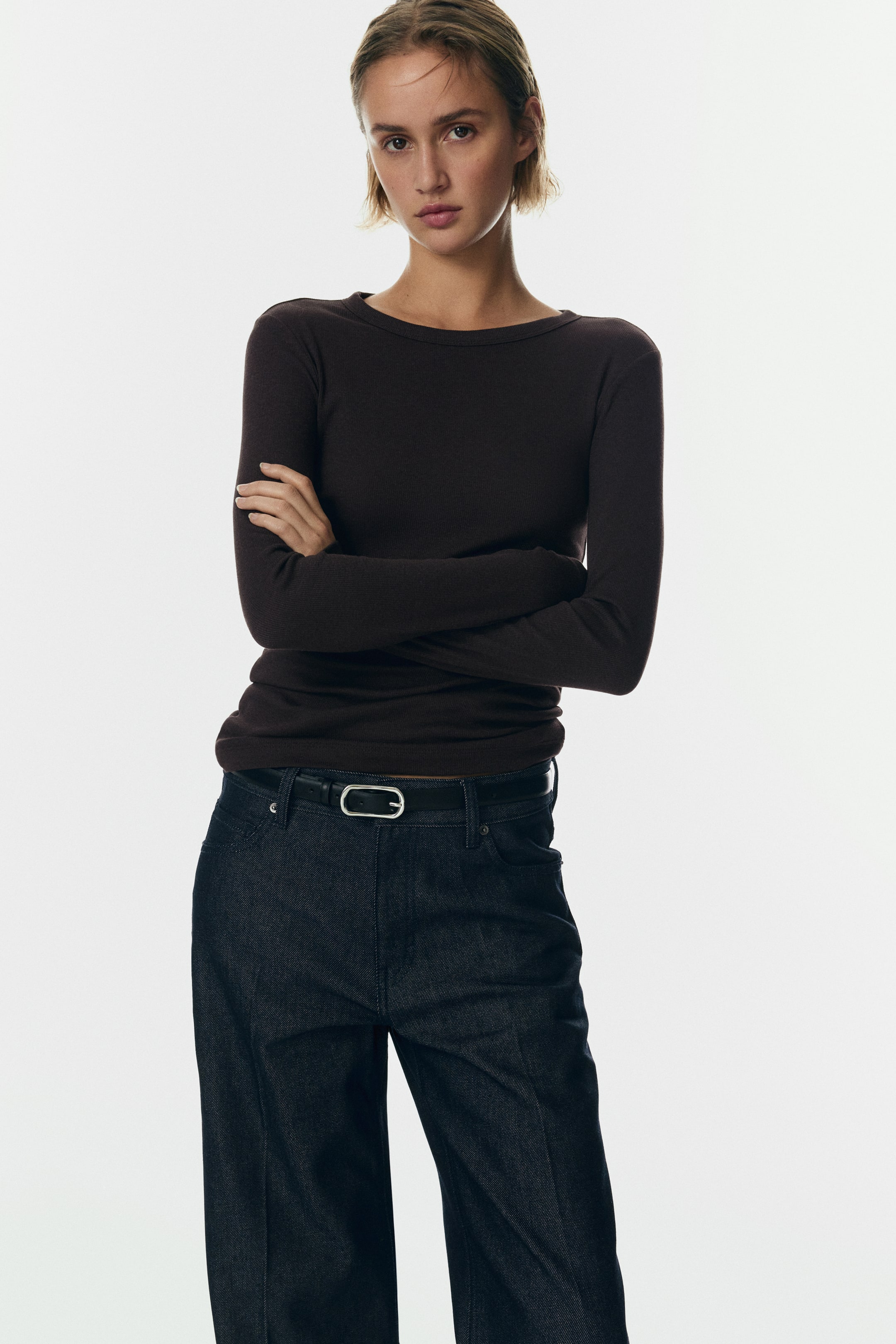 View larger image: Ribbed Cotton-Blend Top - Dark brown - Ladies | H&M US 4